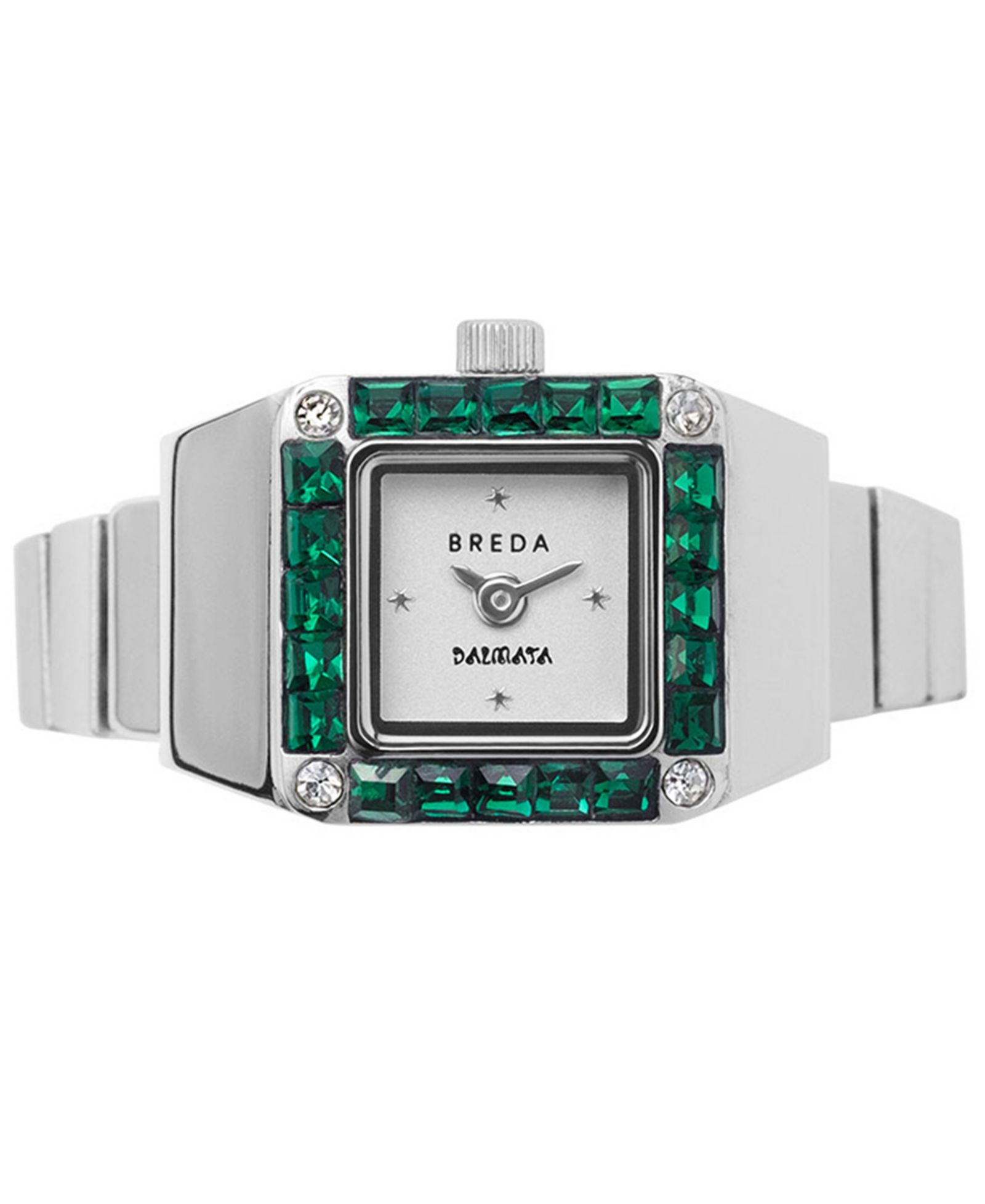 BREDA Women's x Dalmata Time Ring Emerald Crystals and Stainless Steel Expandable Ring Watch, 15mm