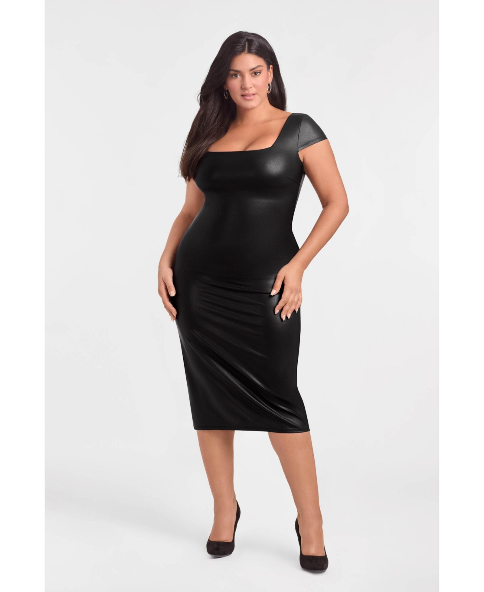 S3 Apparel Women's Sculpting Shapewear Square Neck Cap Sleeve Faux Leather Midi Dress
