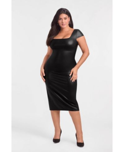 S3 Apparel Women's Sculpting Shapewear Square Neck Cap Sleeve Faux Leather Midi Dress