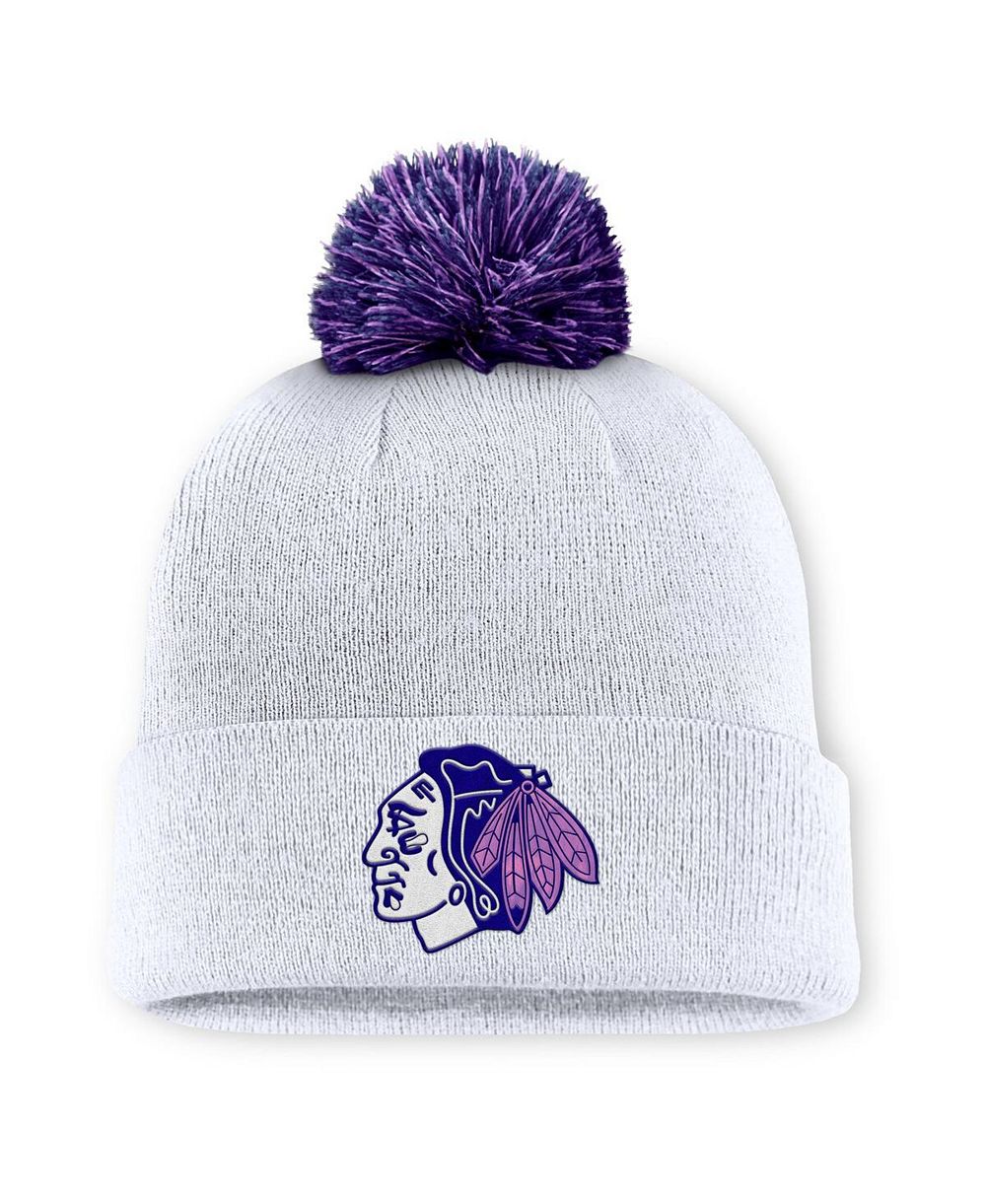 Мужская вязаная шапка Fanatics White Chicago Blackhawks Authentic Pro Hockey Fights Cancer с помпоном