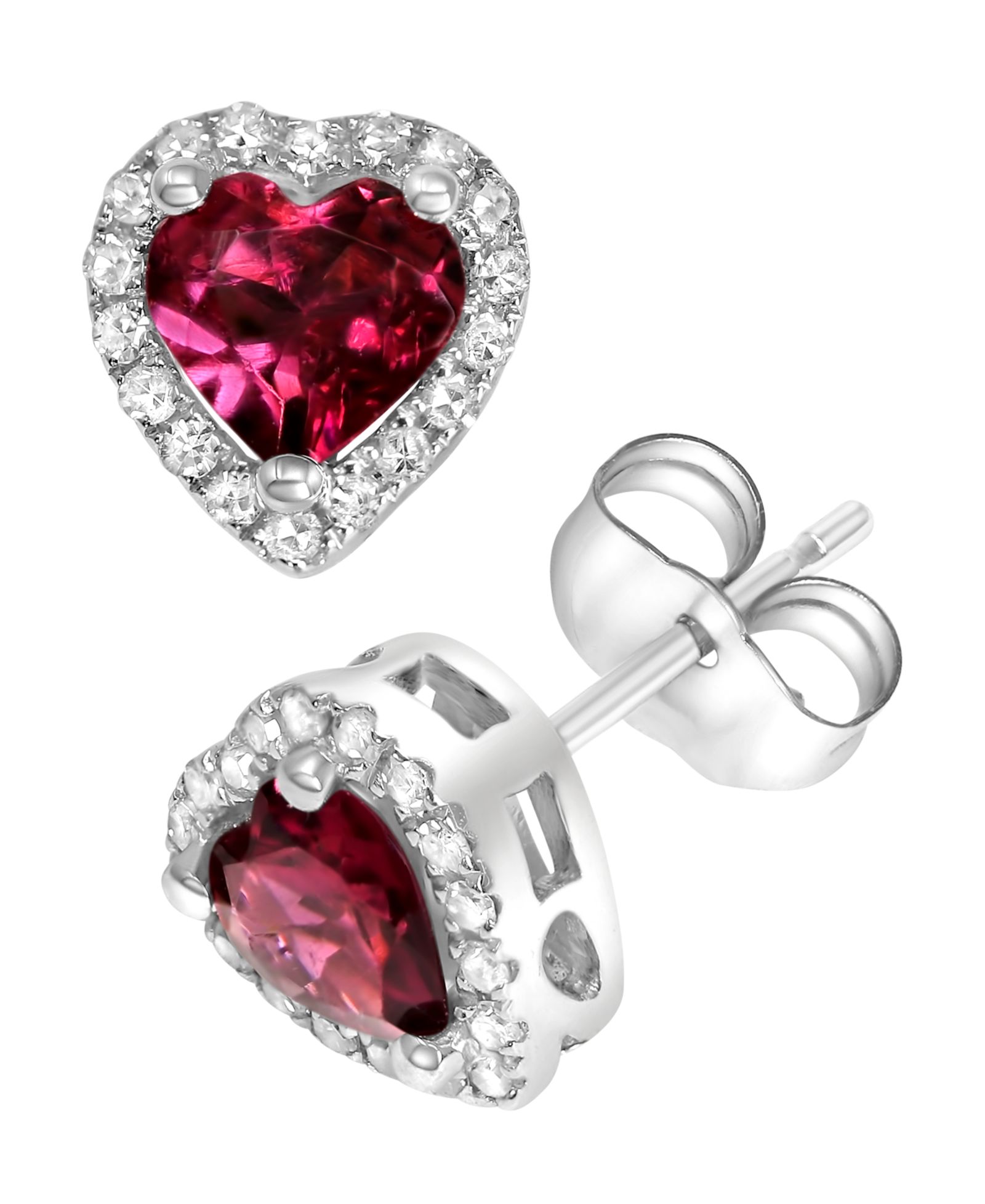 Серьги-гвоздики с гранатом Rhodolite (1 ct. t.w.) и бриллиантом (1/8 ct. t.w.) в белом золоте 14k
