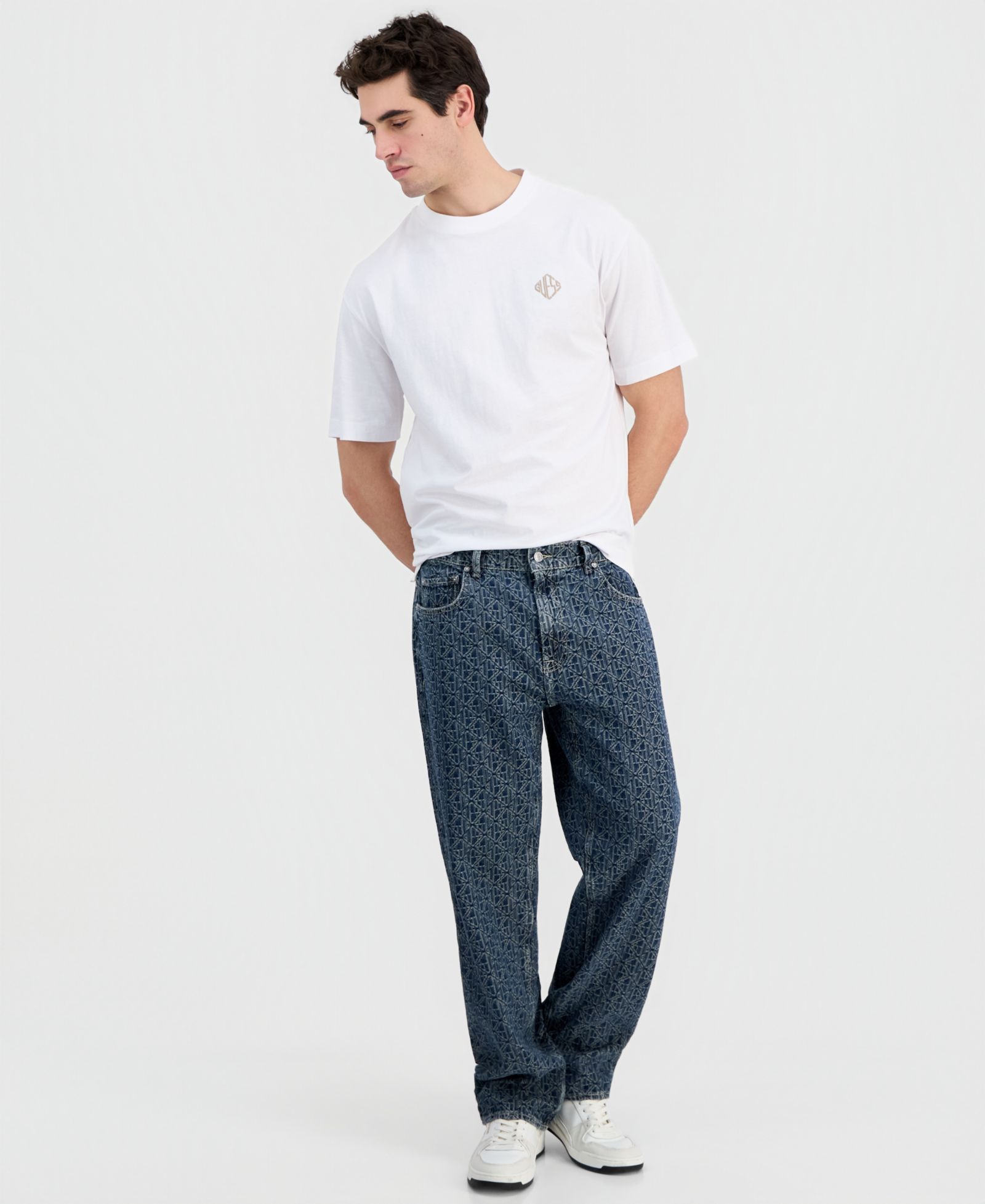 GUESS Men's Damon Logo-Print Cotton Relaxed Jeans