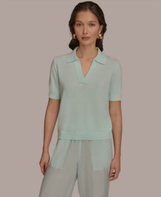 Donna Karan Weekend Women's Cotton Cashmere Polo Sweater with Elbow-Sleeve