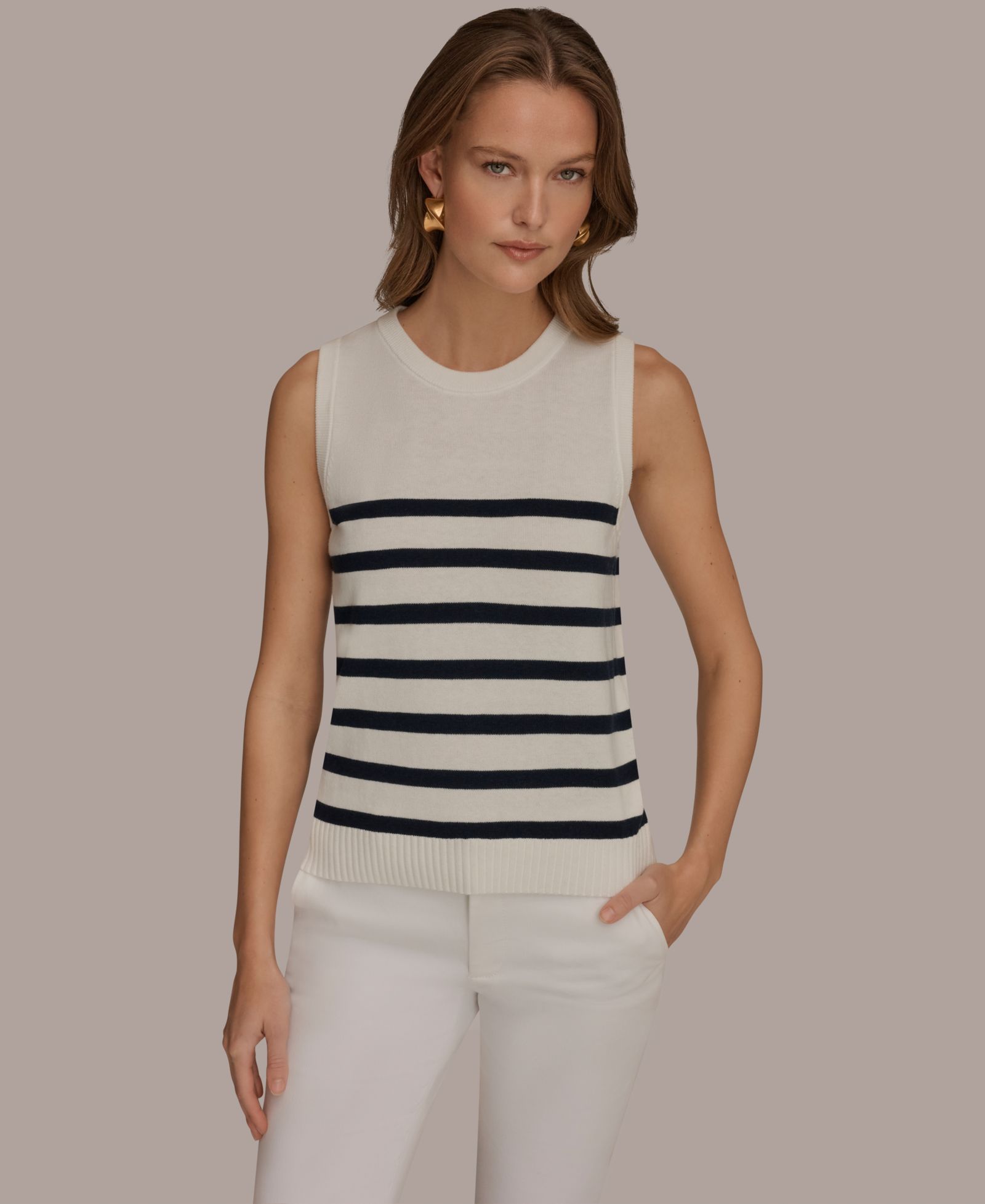 Donna Karan Weekend Women's Cotton Cashmere Striped Sleeveless Sweater