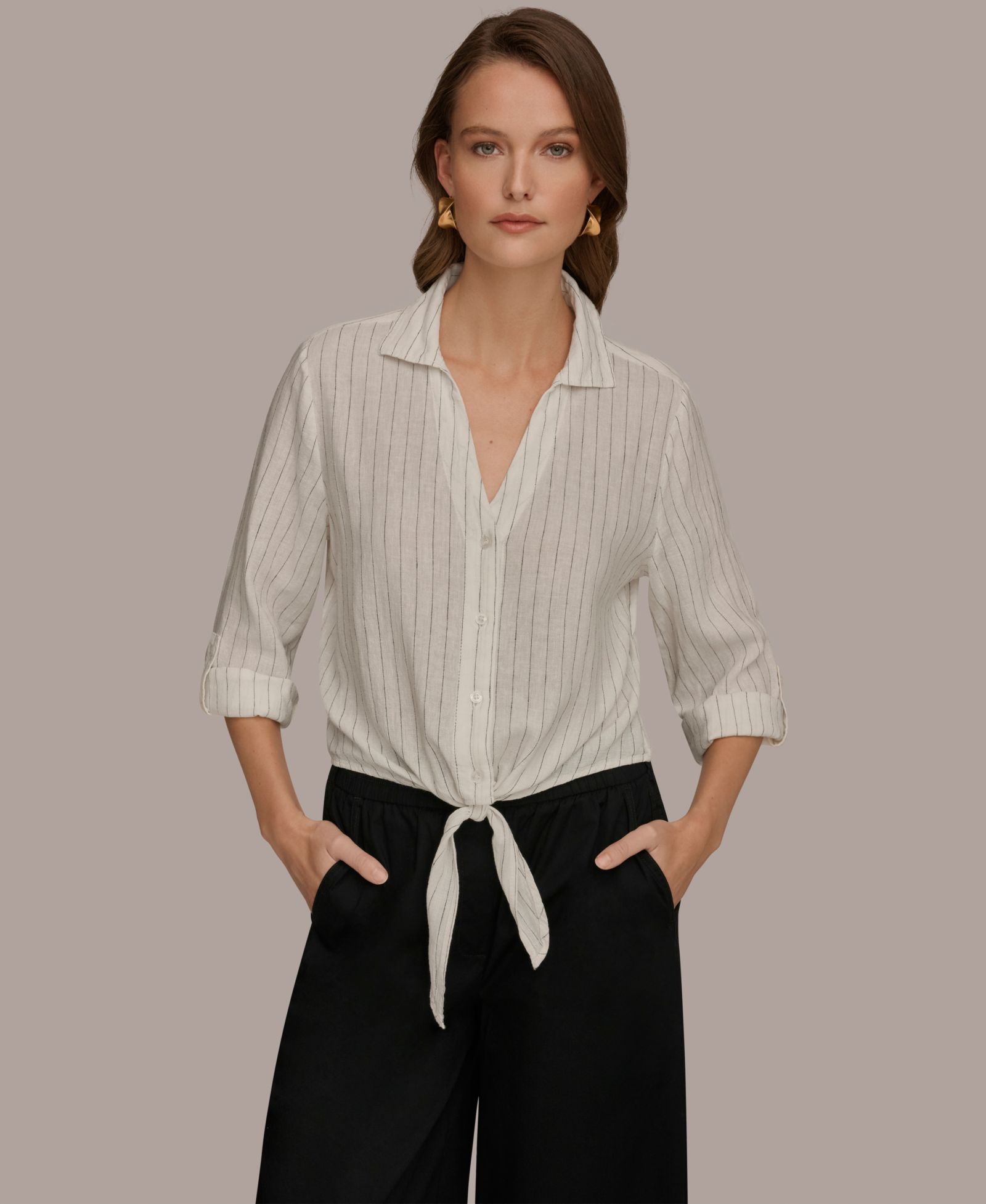 Donna Karan Weekend Women's Linen Button-Front Tie Blouse