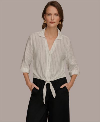 Женская льняная блузка Donna Karan Weekend с пуговицами и завязками