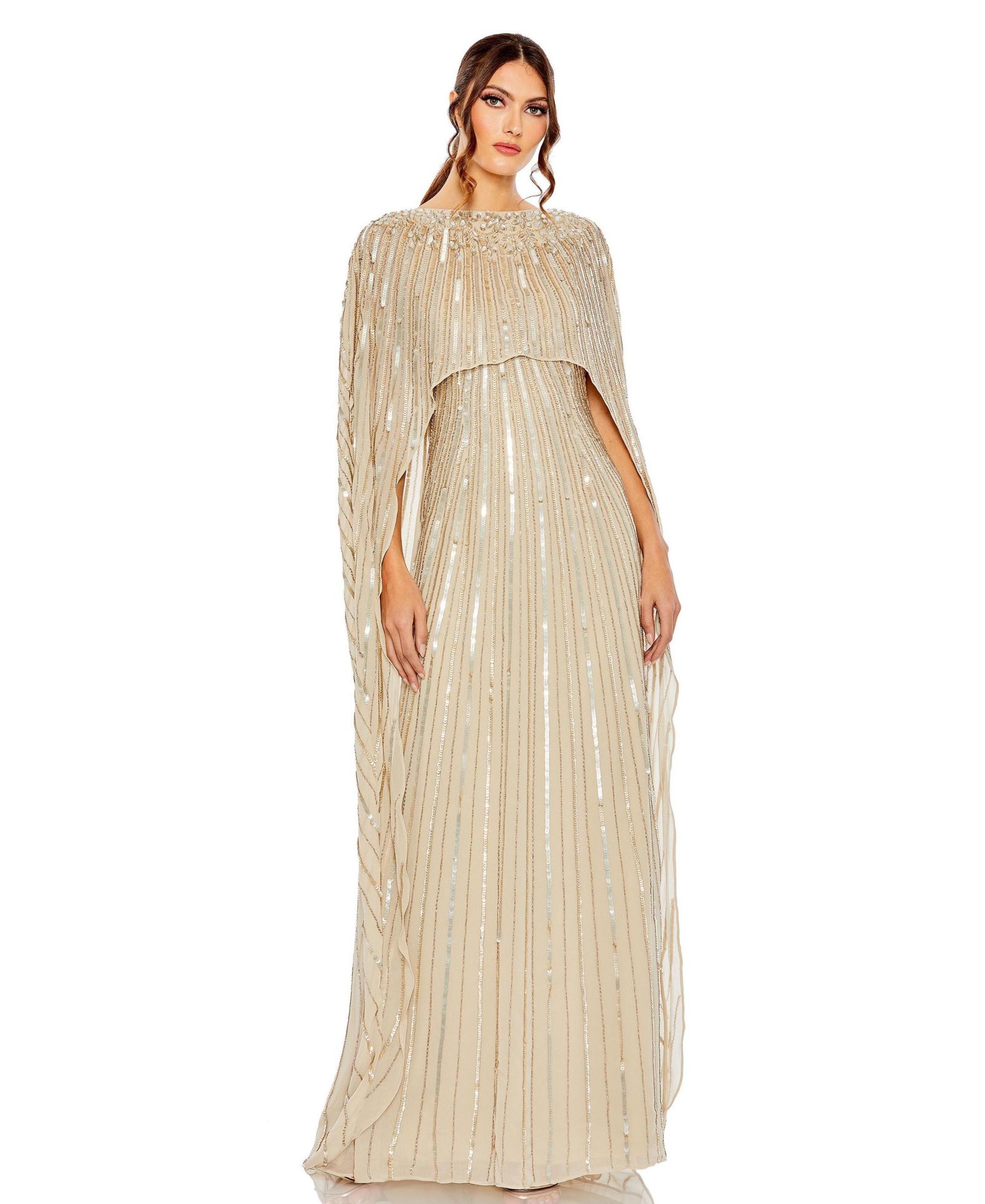 Mac Duggal Женское вечернее платье Embellished Beaded Column Cape Gown