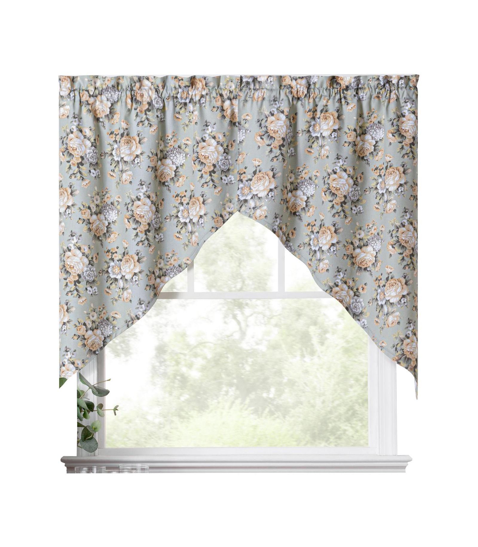 Ellis Curtain Bella Rose Stylish Medium Scale Printed Floral Pattern 1.5" Rod Pocket Tailored Swag Curtain