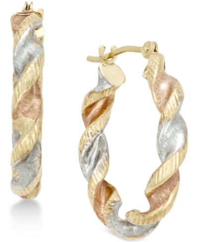 Macy's серьги Satin Twist Hoop 10k Tri-Tone Gold