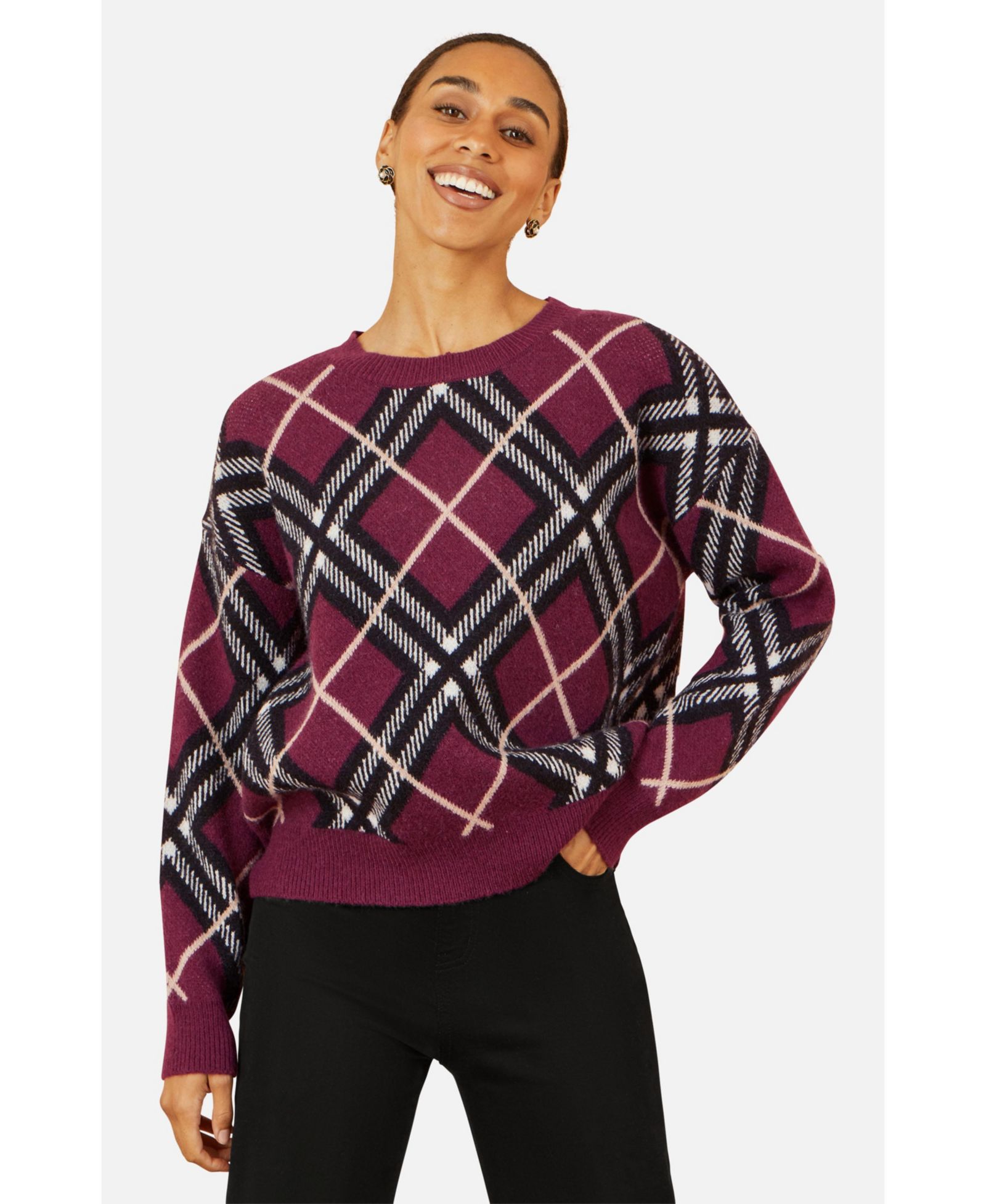 Yumi Women's Woomen's Argyle Check Relaxed Sweater