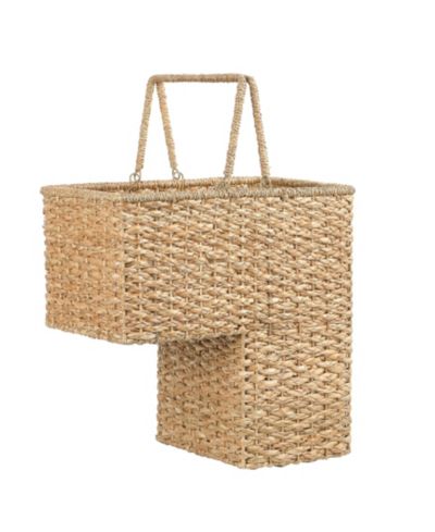 Storied Home Braided Bankuan and Rattan Stair Basket with Whitewash Finish and Handles, White