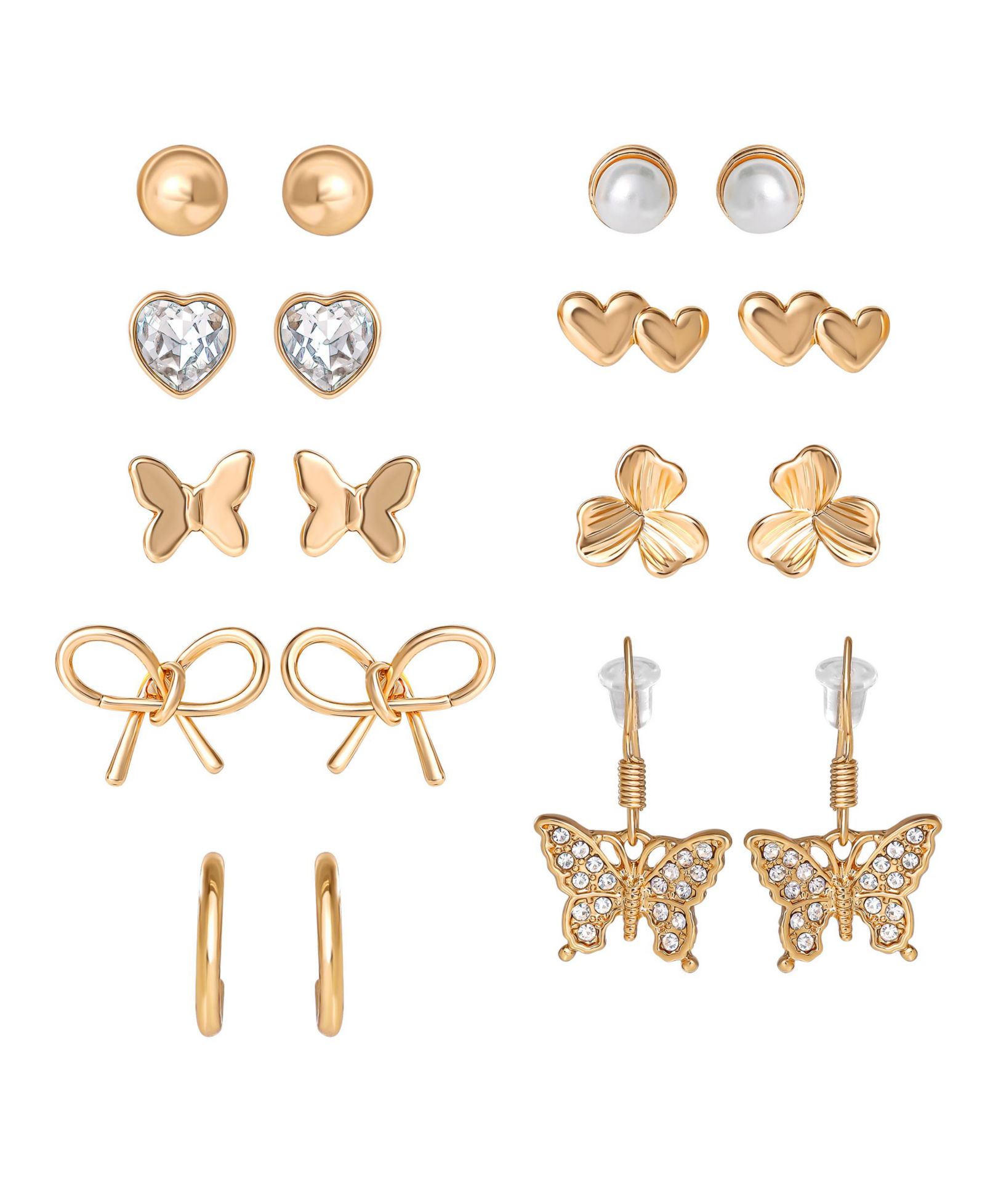 Jessica Simpson Gold-Tone Bow, Butterfly and Pearl Stud and Hoop Earring Set, 12 Pairs