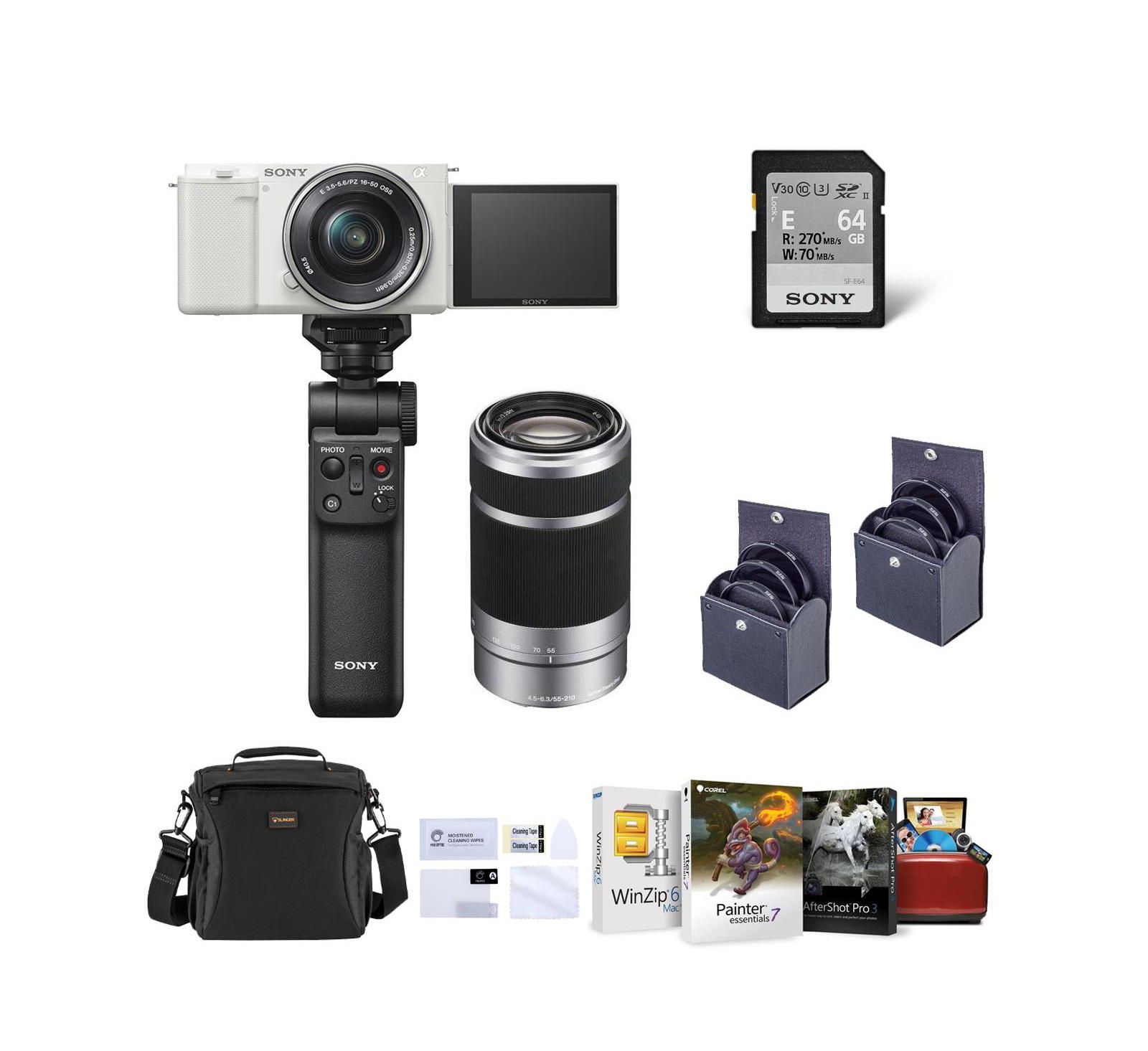 Sony ZV-E10 Camera w/16-50 and 55-210mm Lens, White w/Grip, Mac Software
