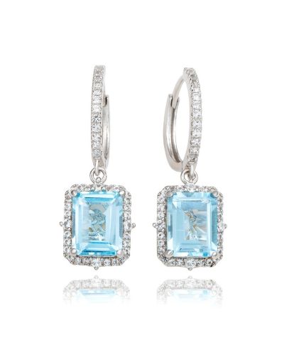 Suzy Levian Sterling Silver Emerald Cut Gemstone Halo Dangling Earrings