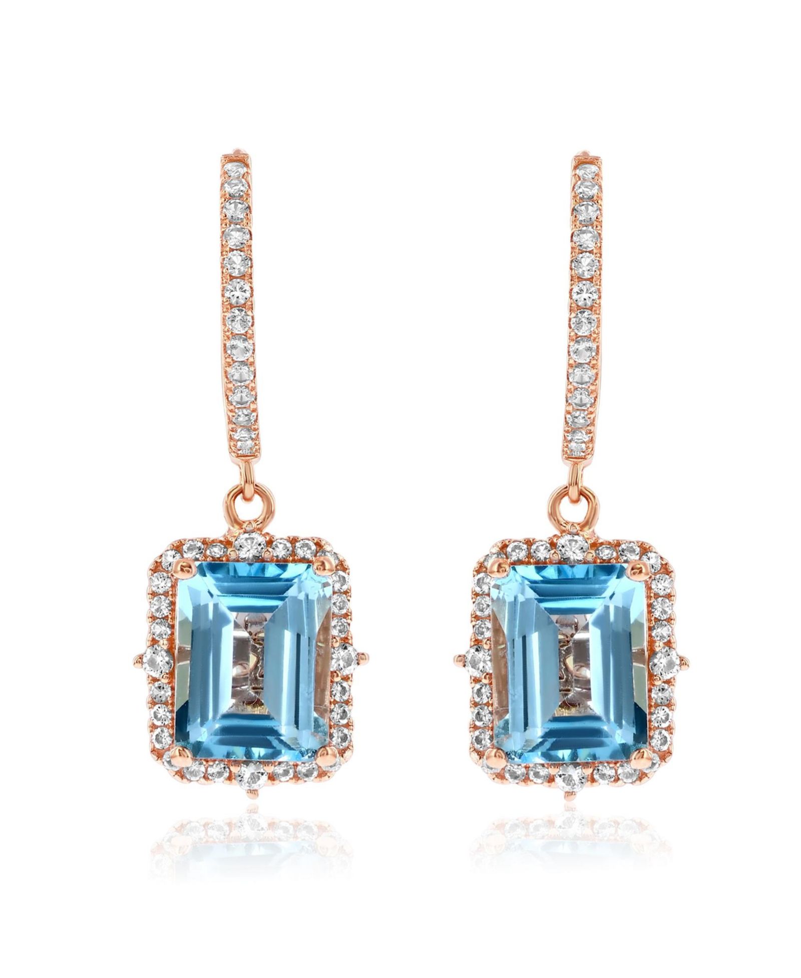 Suzy Levian Sterling Silver Emerald Cut Gemstone Halo Dangling Earrings