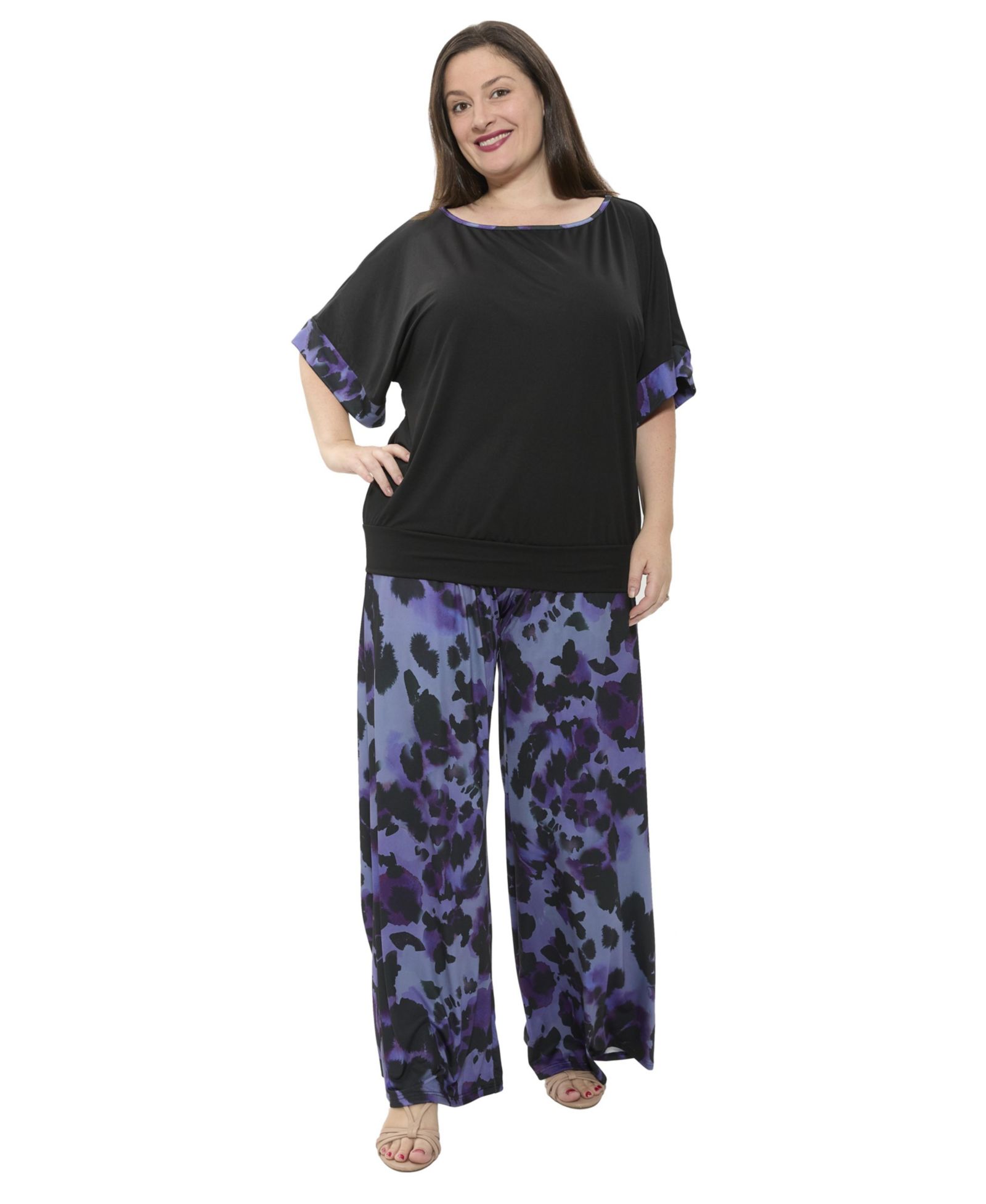 Комплект 24seven Comfort Apparel Plus Size: топ с вырезом лодочкой и брюки с анималистичным принтом