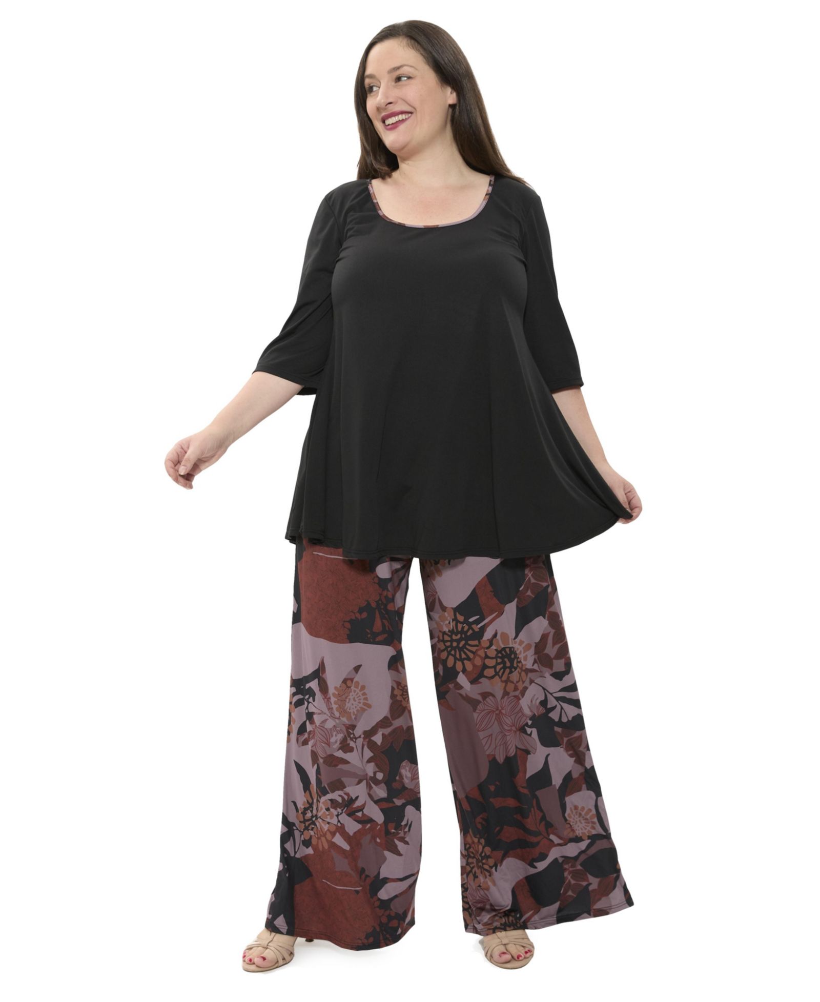 Комплект 24seven Comfort Apparel Plus Size Floral Print Scoop Neck Elbow Sleeve Tunic Swing Top и брюки