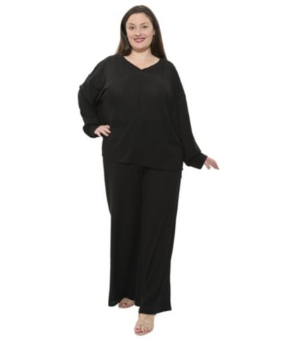 Комплект из топа и брюк 24seven Comfort Apparel Plus Size V-Neck Long-Sleeve Soft Waffle Knit