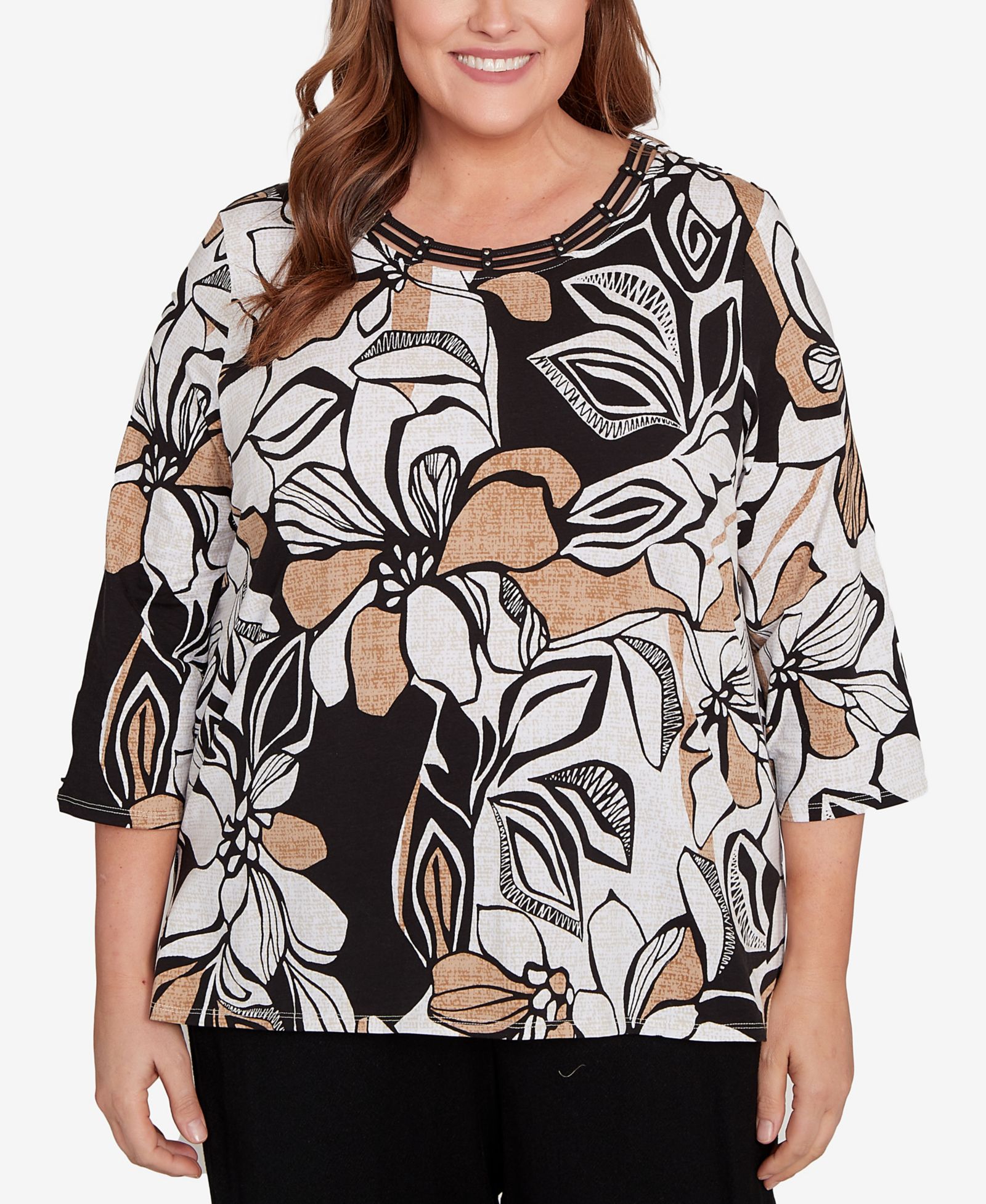 Alfred Dunner Plus Size Floral Leaf Embellished Top