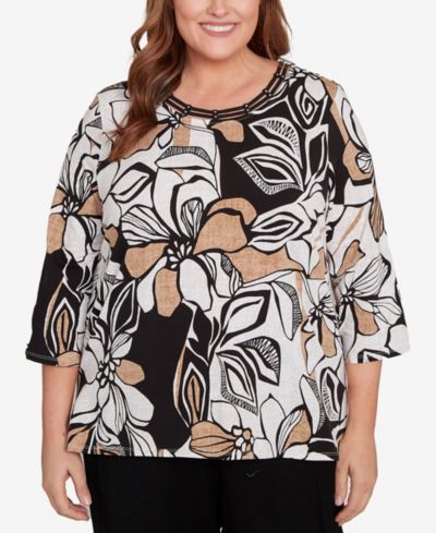 Alfred Dunner Plus Size Floral Leaf Embellished Top