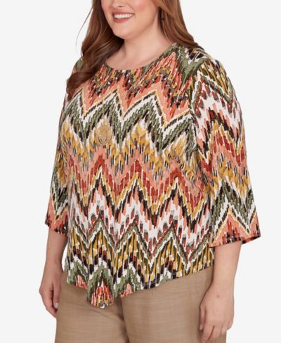 Alfred Dunner Plus Size Copper Canyon Ikat Chevron Top with Necklace
