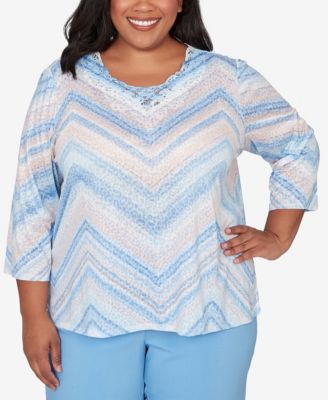 Alfred Dunner Plus Size St. Augustine Chevron Print Lace Trim Crew Neck Top