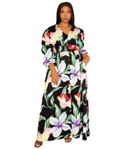 Buxom Couture Plus Size Floral Puff Sleeve Maxi Dress