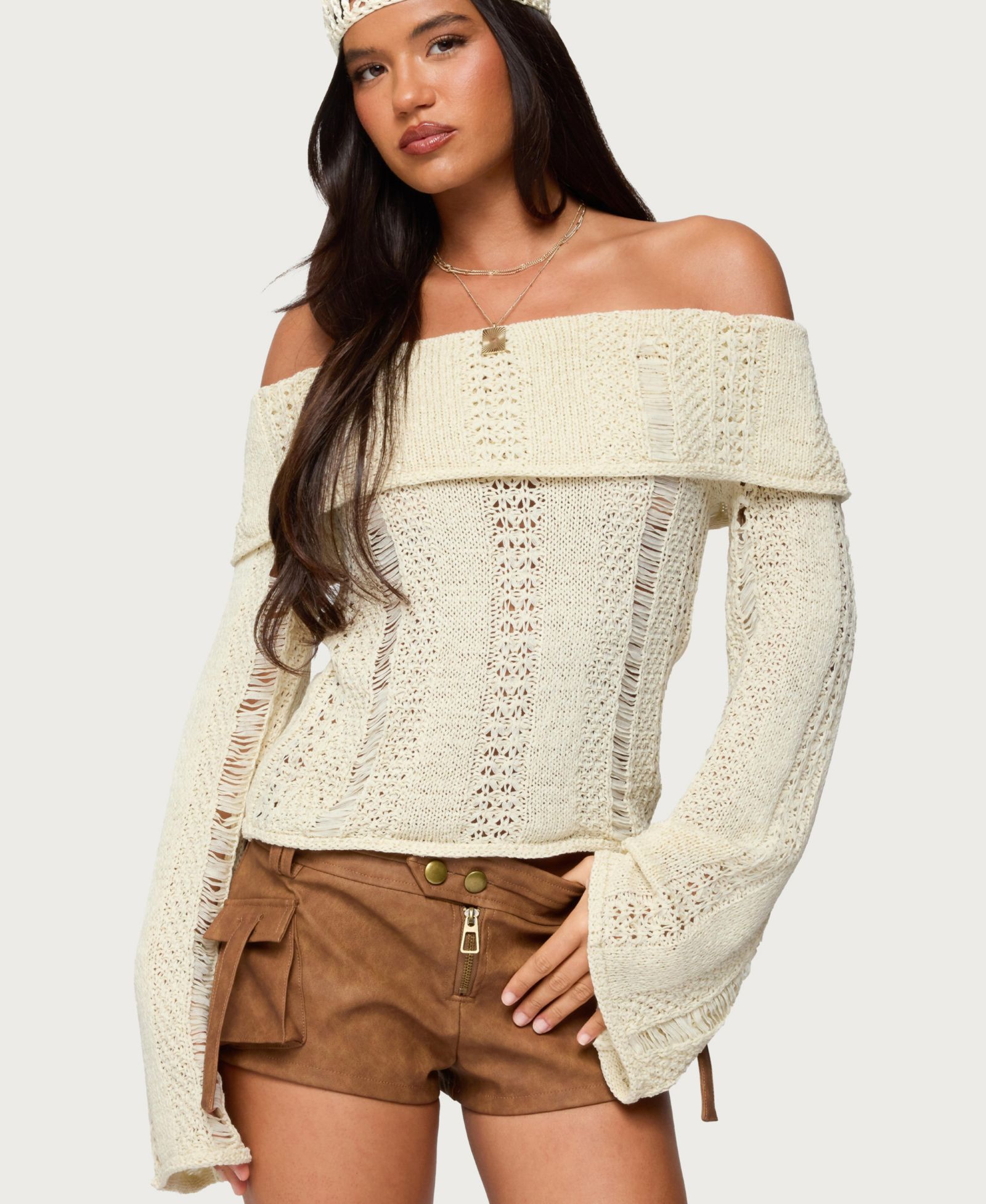 Edikted Women's Renna Distressed Fold Over Knit Top