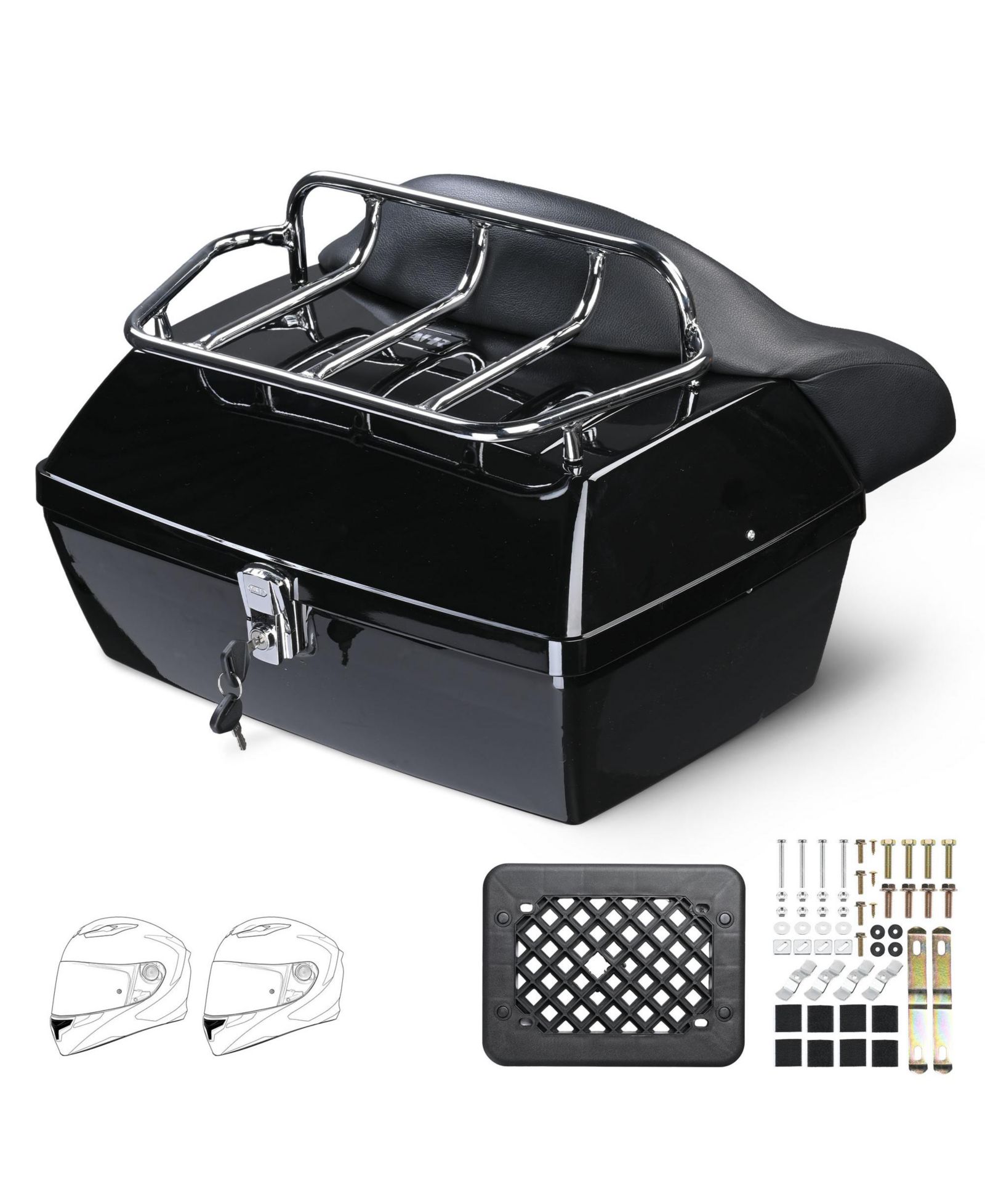 Yescom 48L Universal Motorcycle Tail Box Top Case Luggage with Top Rack and Backrest for Harley Road King