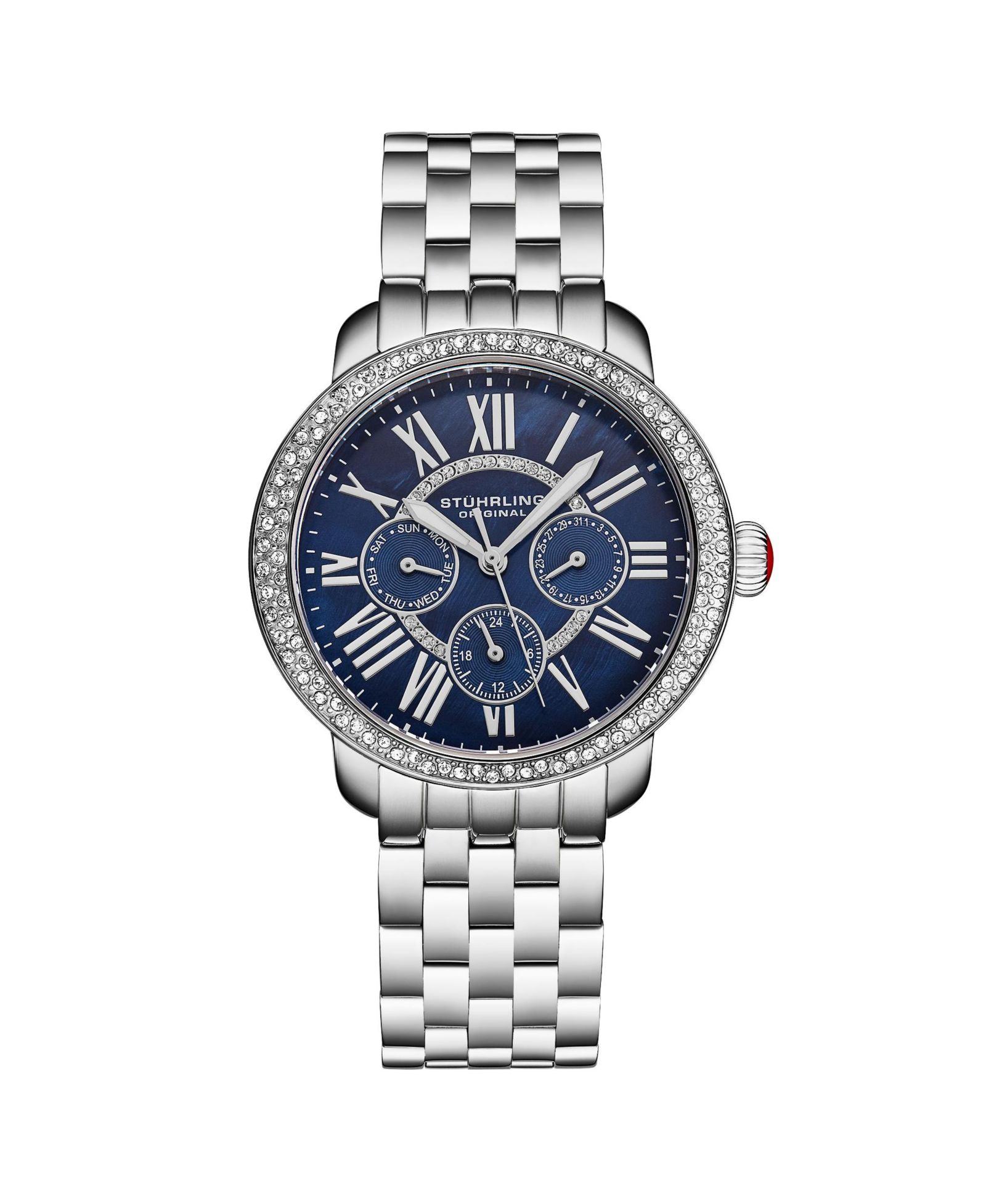Женские часы Stuhrling Sonata 38mm Quartz Multifunction Blue Mother-of-Pearl Dial Crystal Bezel Stainless Steel Bracelet