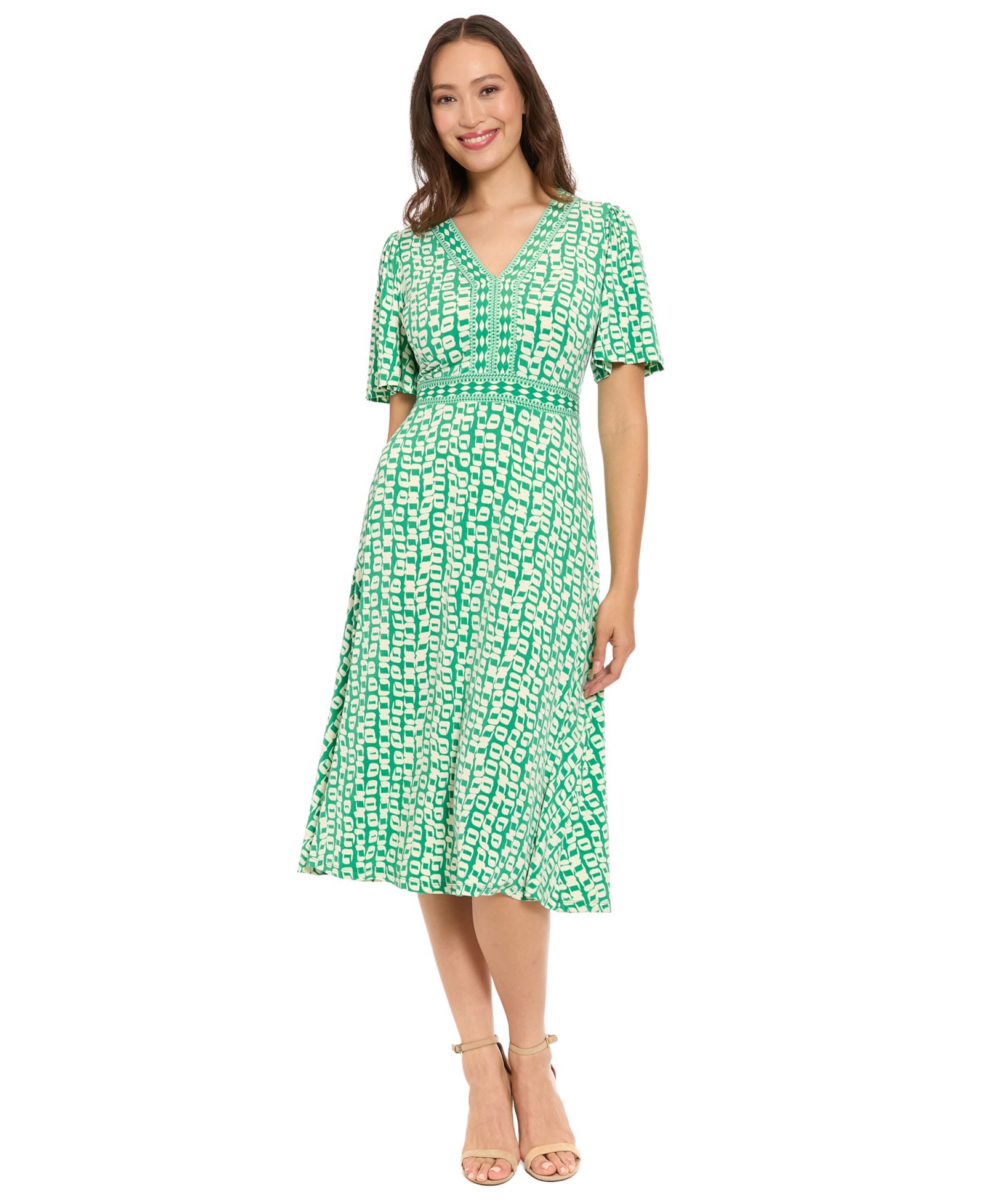 London Times Women's Framed V-Neck Flutter-Sleeve Flare Dress
