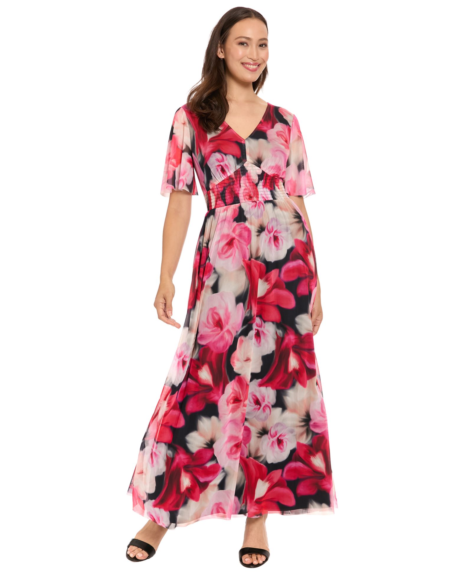 London Times Women's V-Neck Smocked Flutter-Sleeve Maxi Dress