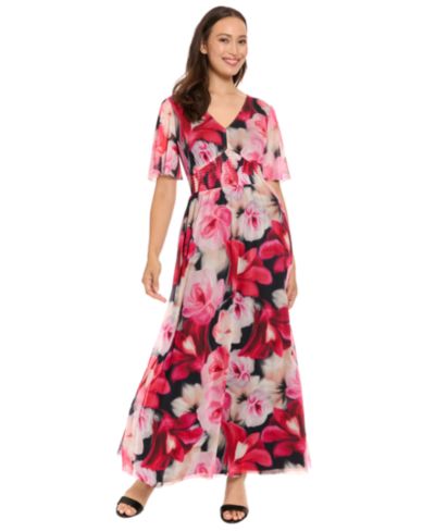 London Times Women's V-Neck Smocked Flutter-Sleeve Maxi Dress