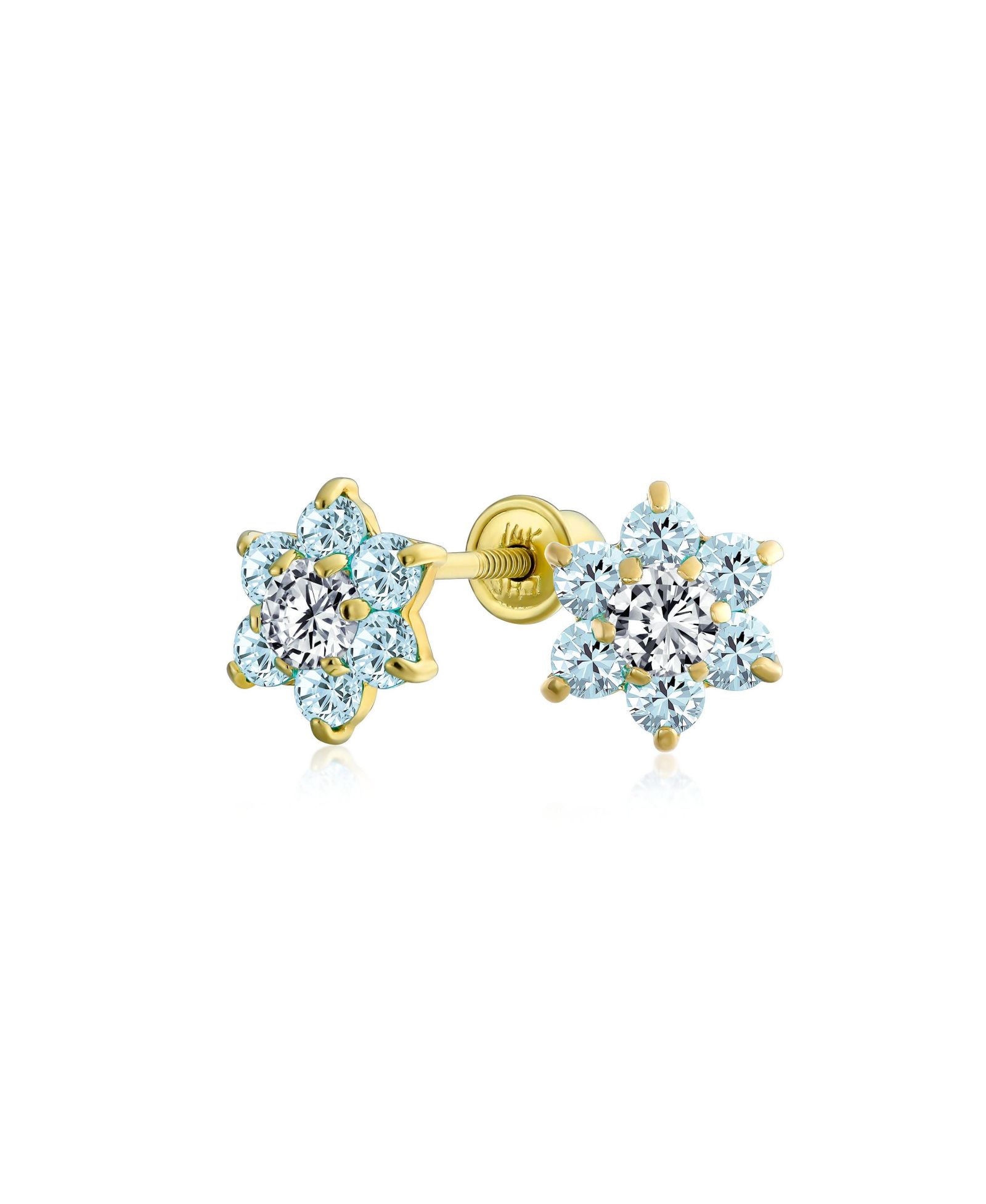 Bling Jewelry Tiny London Blue CZ Flower Stud Earrings Aquamarine Cubic Zirconia 14K Gold Screw back
