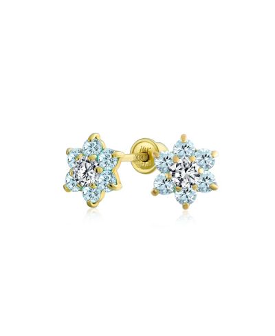 Bling Jewelry Tiny London Blue CZ Flower Stud Earrings Aquamarine Cubic Zirconia 14K Gold Screw back