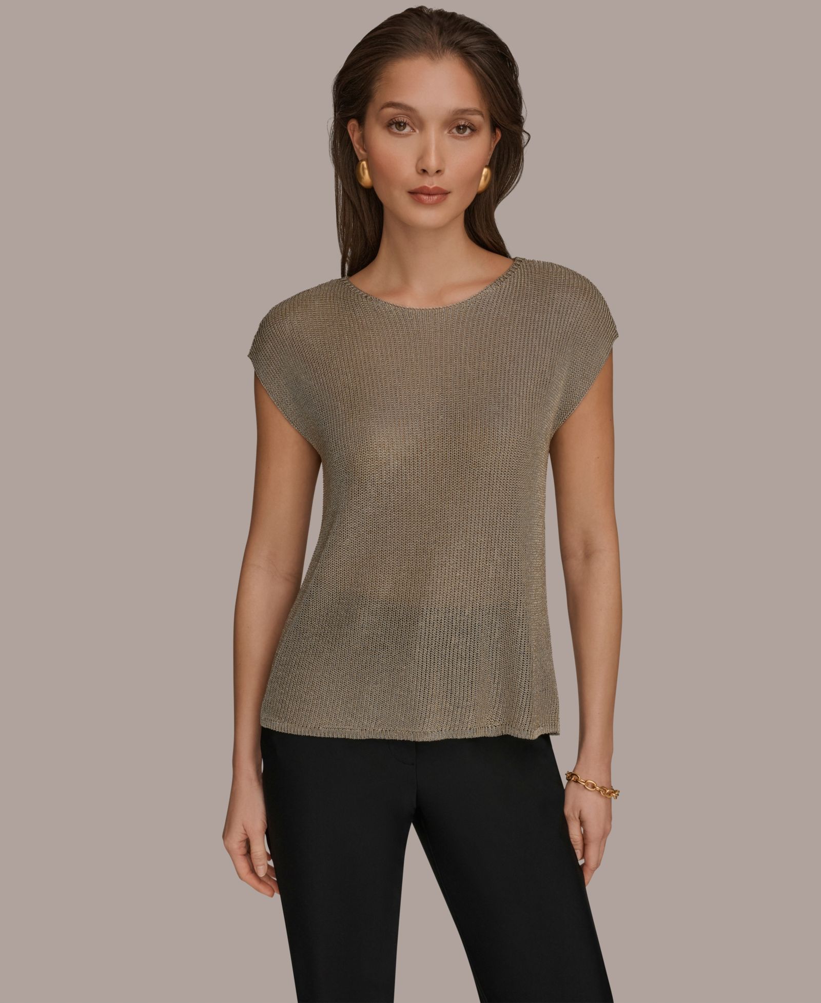 Donna Karan New York Women's Sleeveless Metallic Crew Neck Sweater