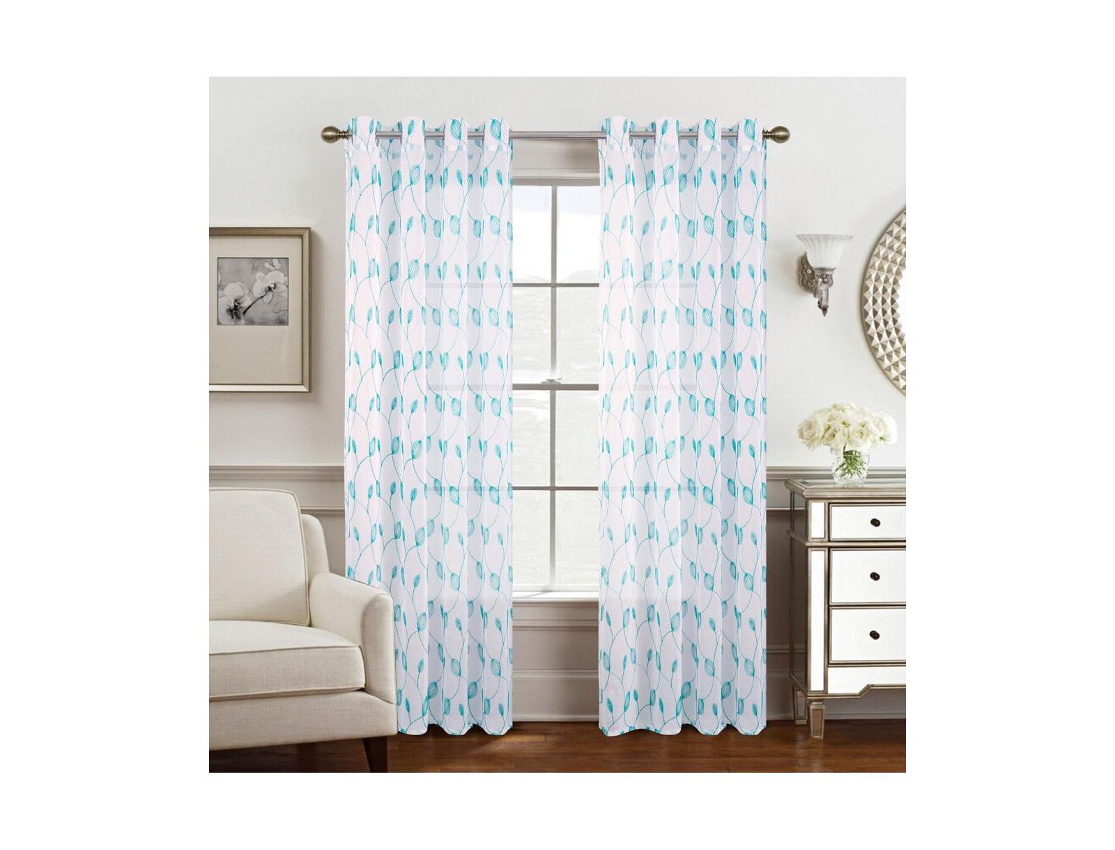 Вышитая портьера RT Designers Collection Ramallah Krista с люверсами, 54x90", White/Teal