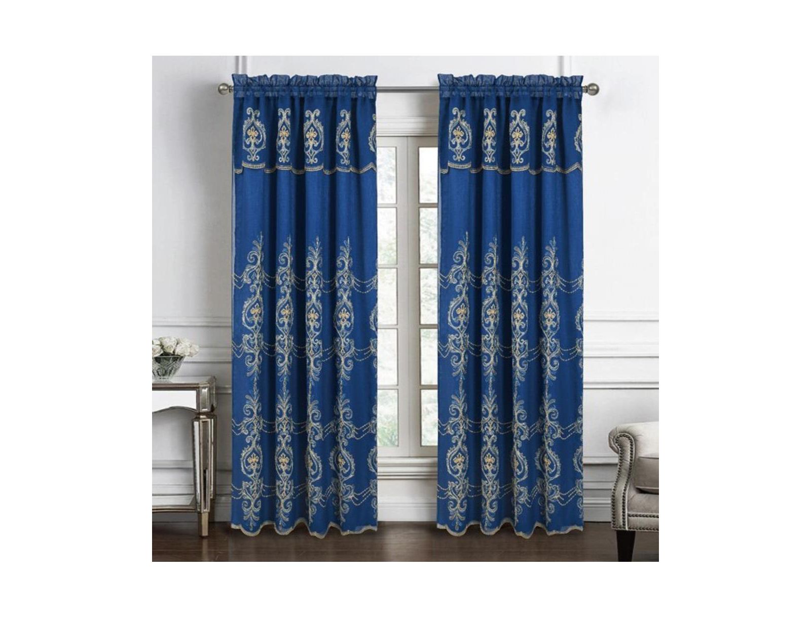 RT Designers Collection Jayla Stylish and Premium Embroidered Curtain Panel 54" x 90" Navy