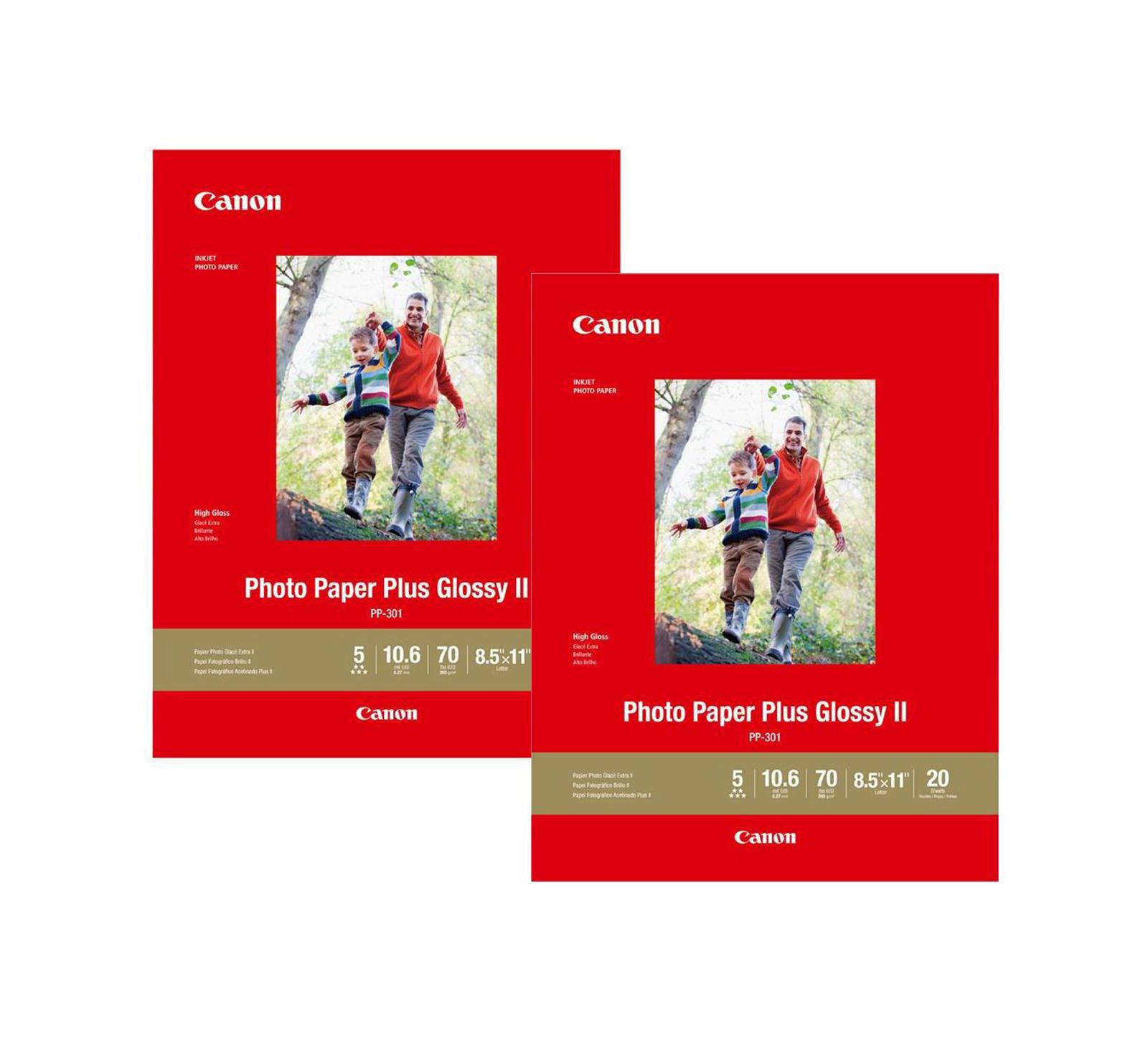 Canon 2 упаковки фотобумаги PP-301 Photo Paper Plus Glossy II для струйных принтеров, 10.6 мил, 265 г/м², 8.5x11", упаковка из 20 листов