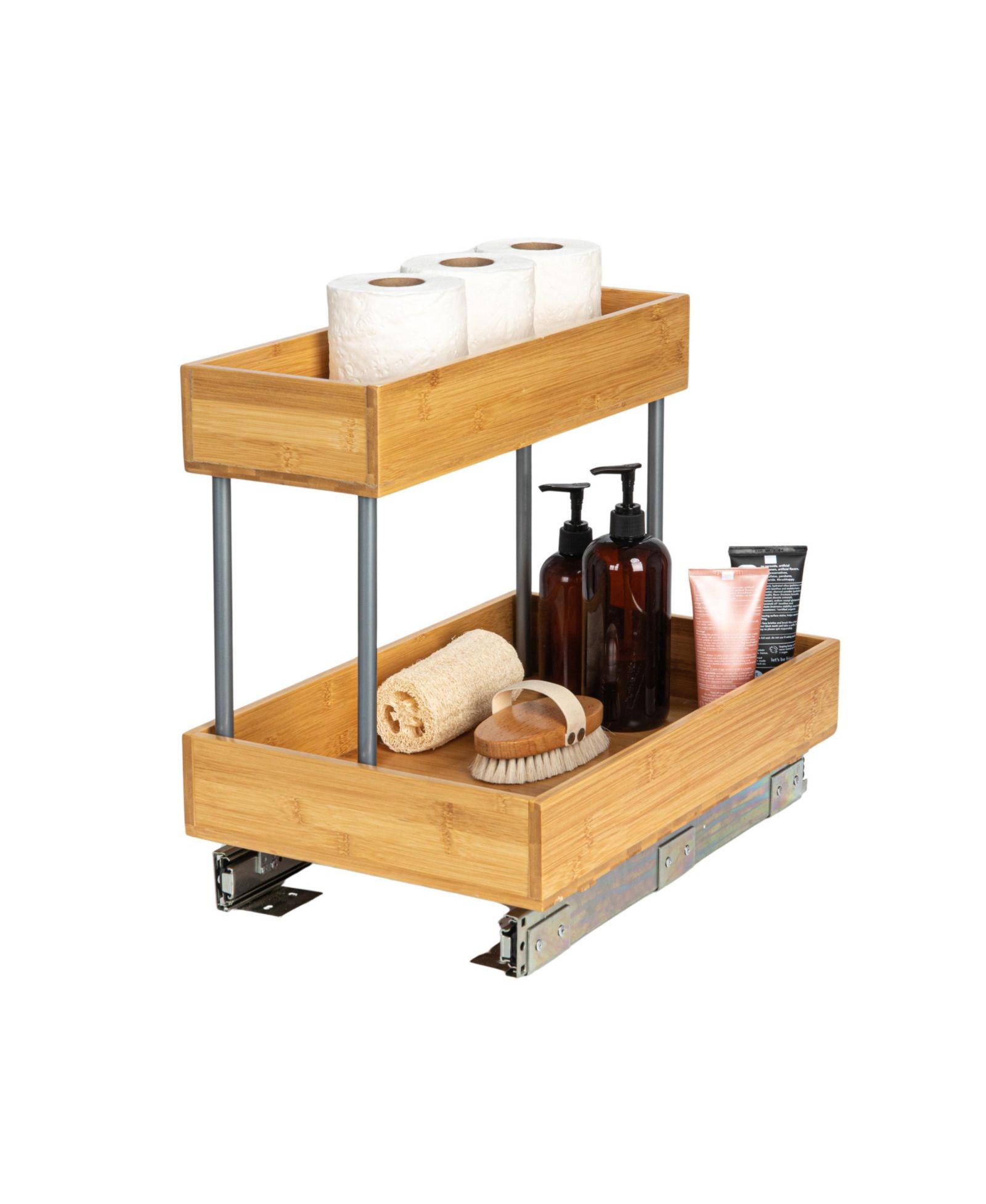 Household Essentials Glidez Bamboo Pull-Out Storage Organizer, 2 -Tier Design, Natural and Chrome