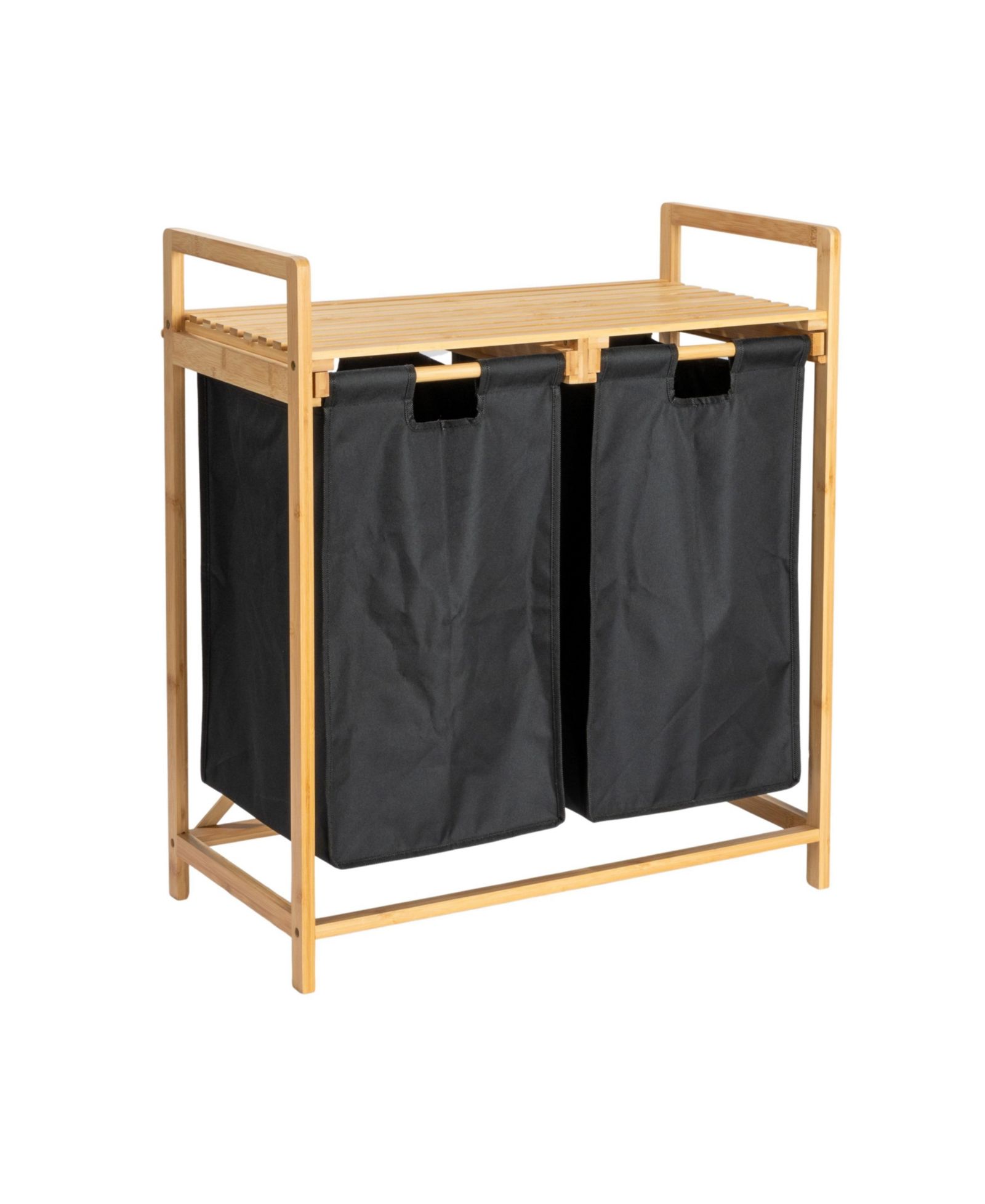 Household Essentials Bamboo Pull Out Double Hamper with Shelf, Natural and Black