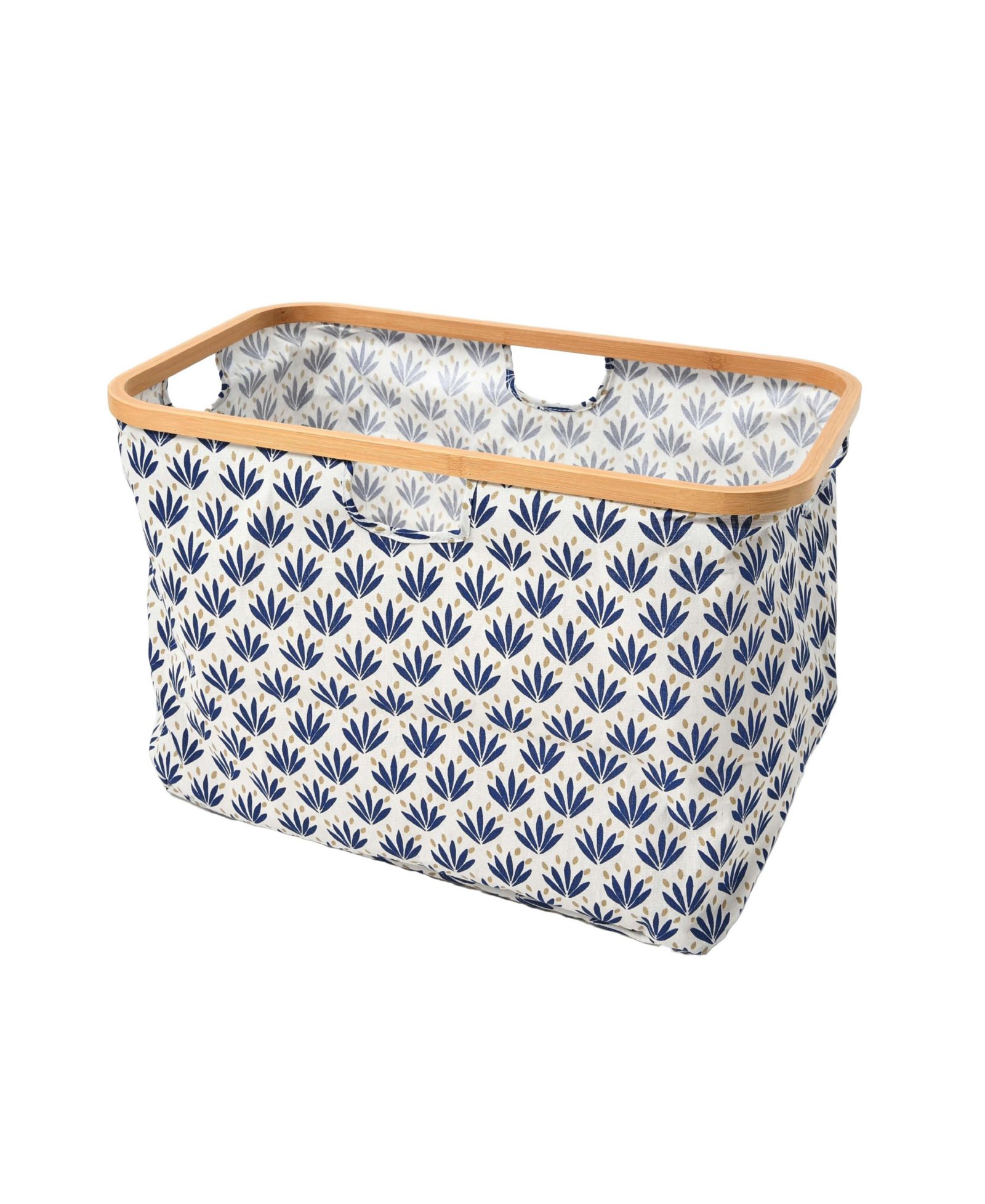 Household Essentials Bamboo Rimmed Krush Container Basket with Cut Out Handles, Tan Chevron
