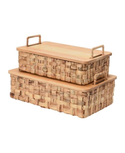 Household Essentials Stackable Hyacinth Baskets with Oak Lids, Set of 2