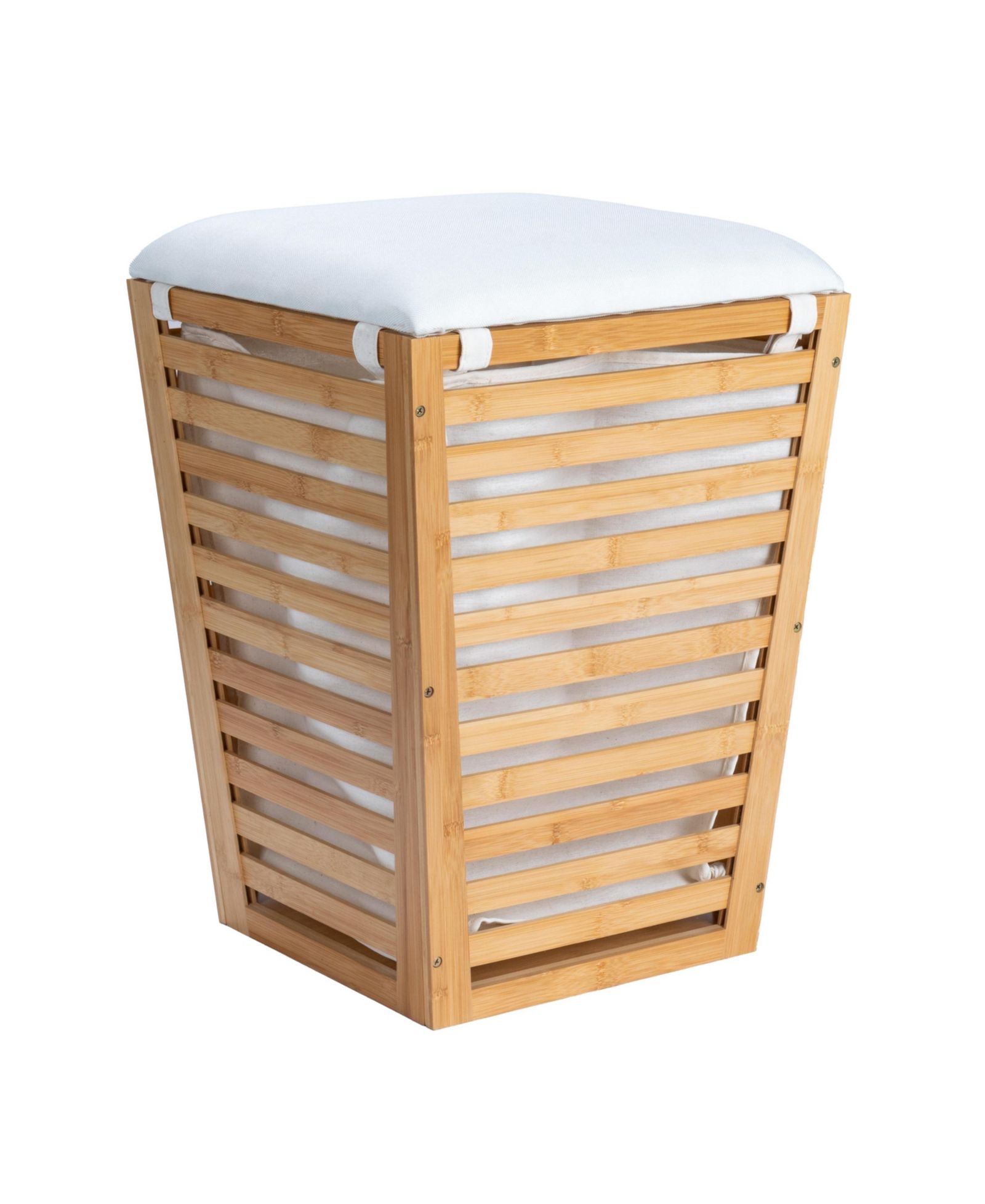 Household Essentials Slatted Natural Hamper with Cushioned Lid and Removable Cotton Bag, Natural