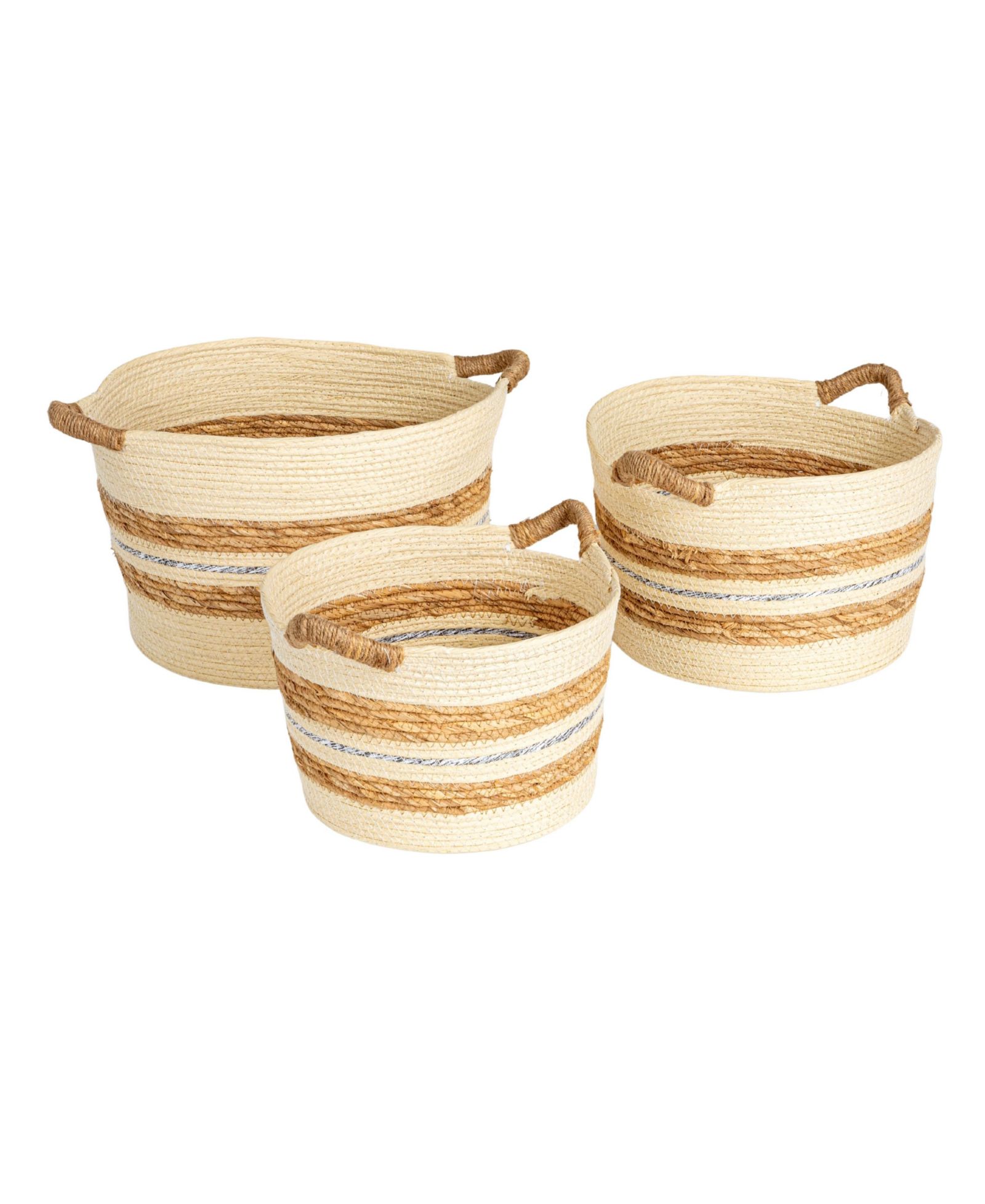 Household Essentials Handwoven Corded Paper and Cattail Striped Baskets with Handles, Set of 3