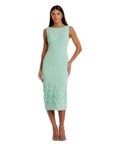Mac Duggal Women's Flower Beading Crepe Sleeveless Midi Dress