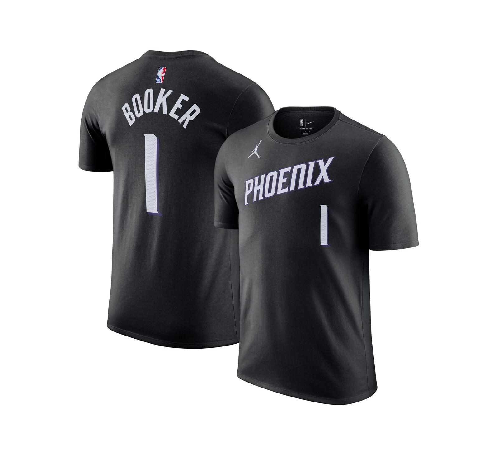 Мужская и женская футболка Jordan Devin Booker Black Phoenix Suns Name & Number - Statement Edition