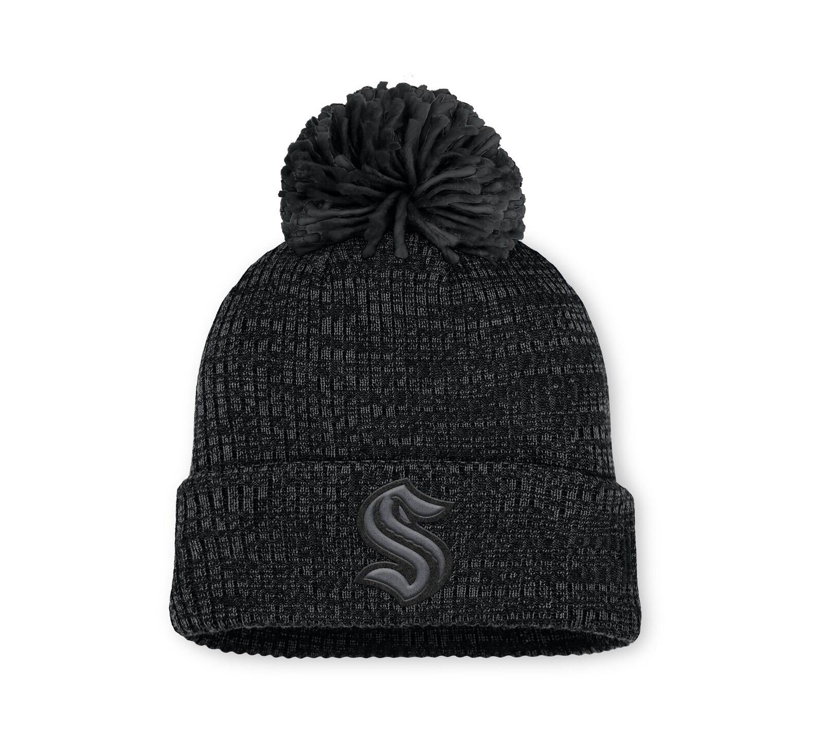 Женская вязаная шапка Fanatics Black Seattle Kraken Authentic Pro Road с помпоном