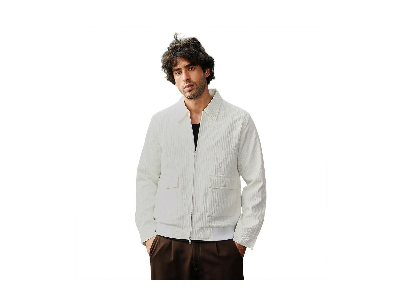 Campus Sutra Men's Chalk White Zip-Front Crease-Tactile Jacket