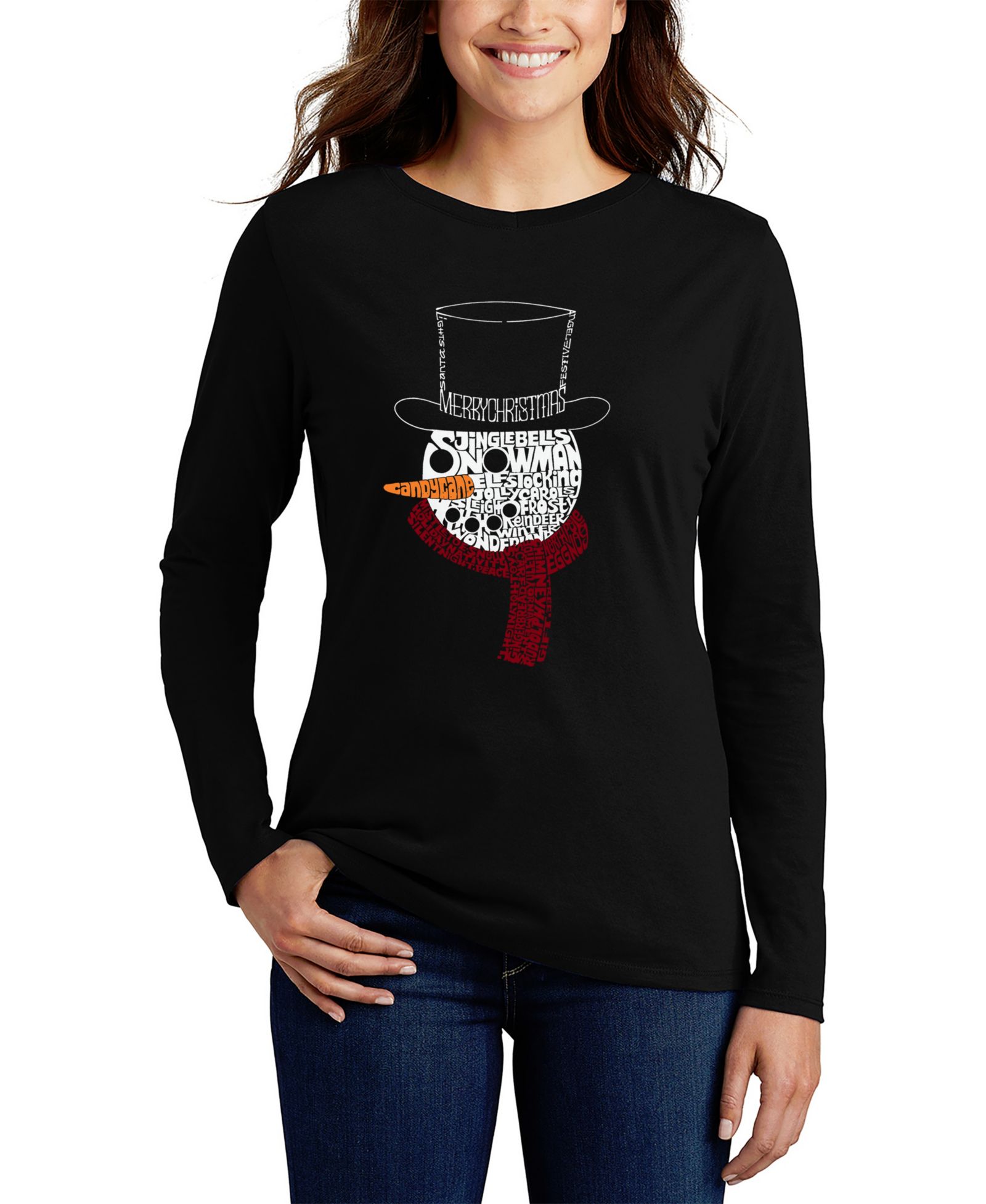 LA Pop Art Женская T-shirt Snowman Face Word Art Long-Sleeve